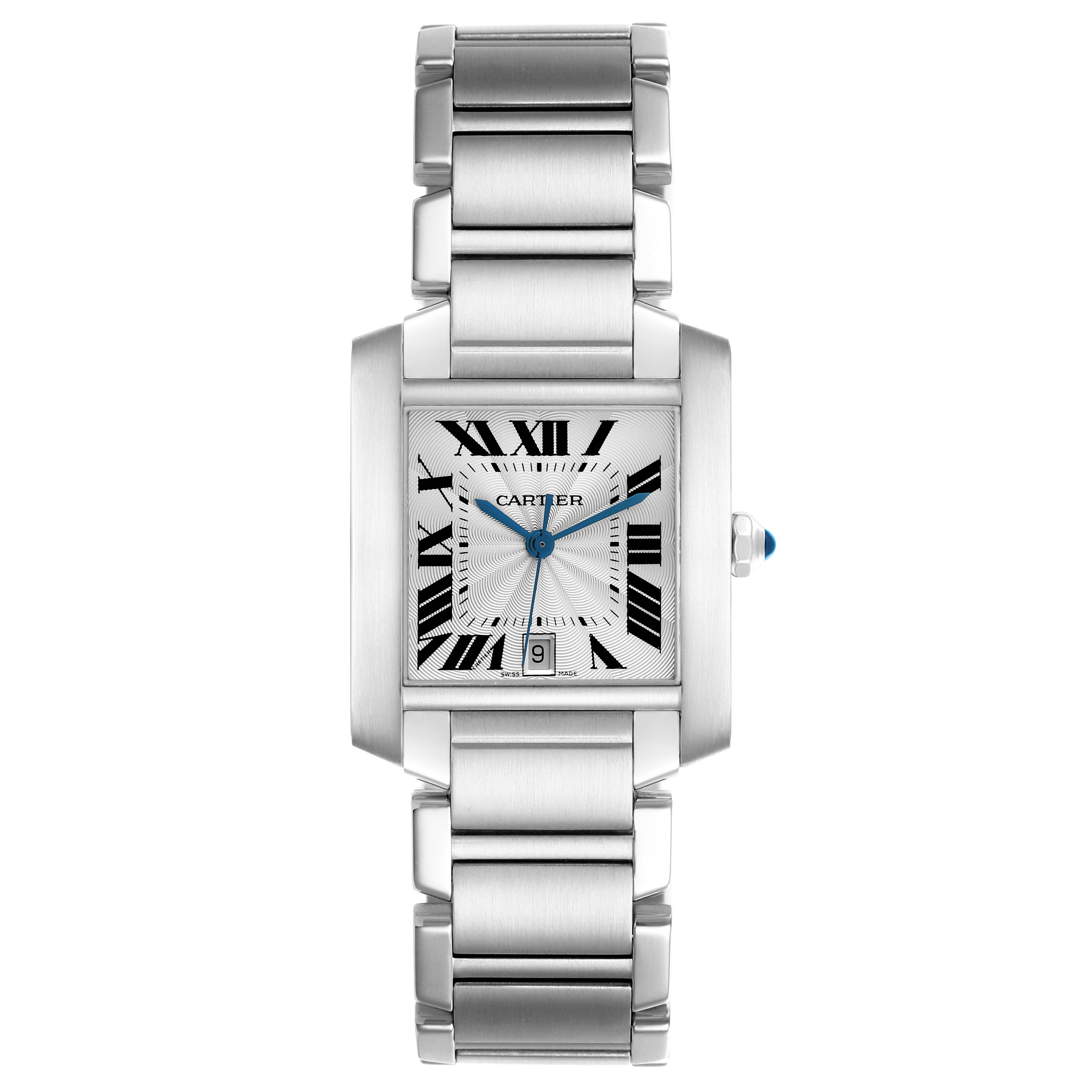 The Cartier Tank Francaise W51002Q3 Men
s Stainless Steel Silver Dial W51002Q3 Men
s Stainless Steel Silver Dial watch is shown from a top-down angle, highlighting its face, bracelet, and crown.