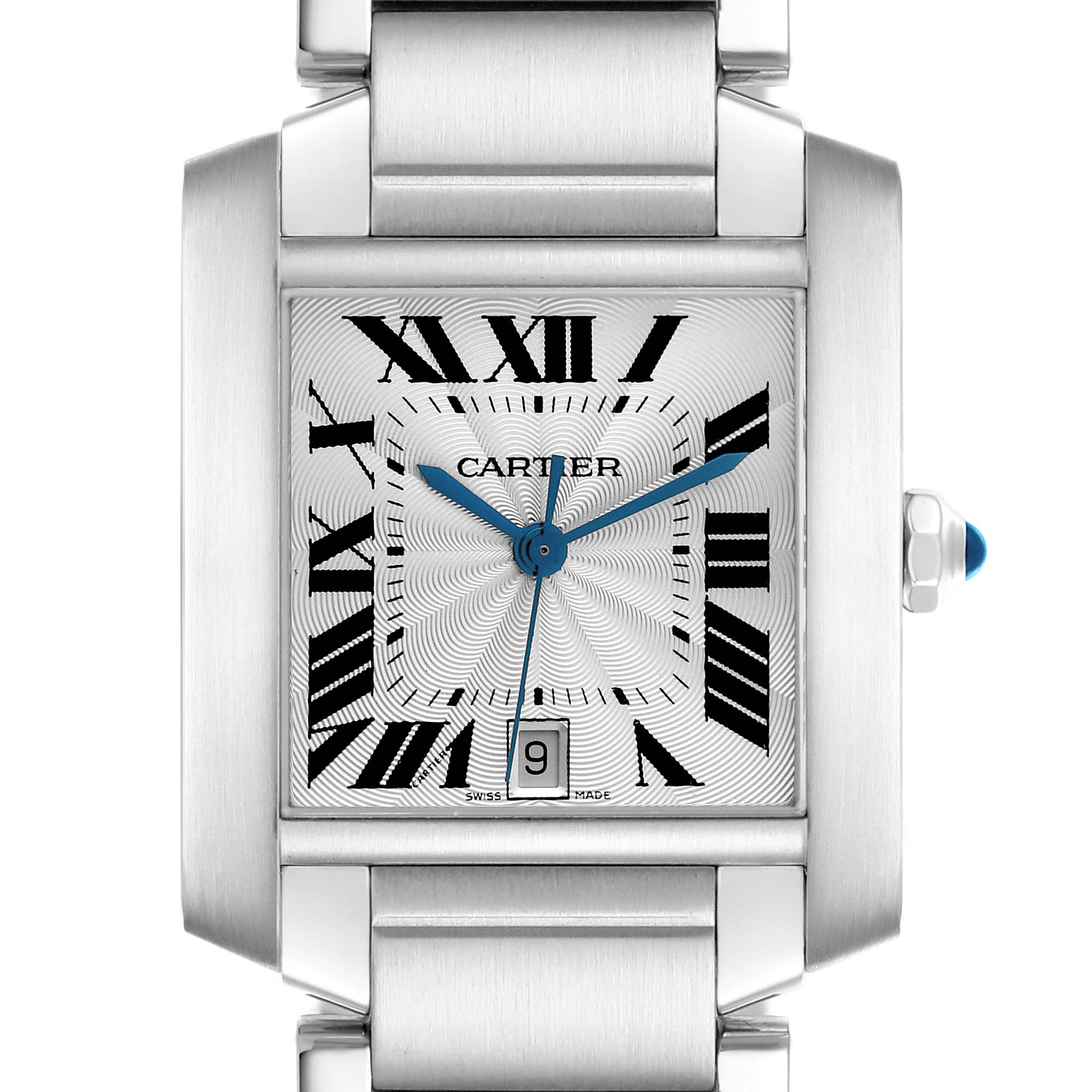 The image shows a Cartier Tank Française watch from the front, highlighting its face, Roman numerals, and bracelet.