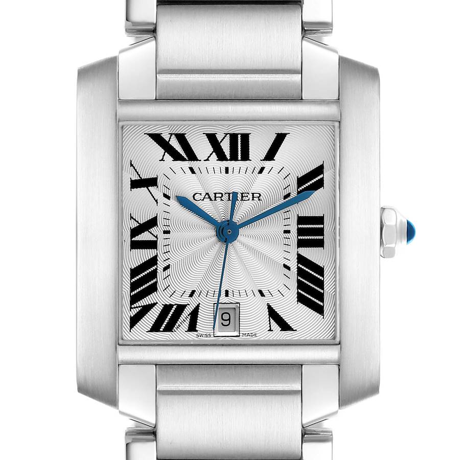 The image shows a Cartier Tank Française watch from the front, highlighting its face, Roman numerals, and bracelet.