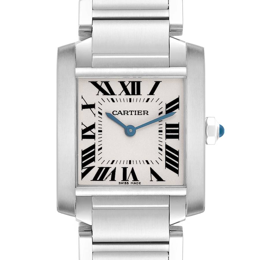 The image shows a Cartier Tank Francaise watch from a front angle, highlighting its face, bezel, bracelet, and crown.