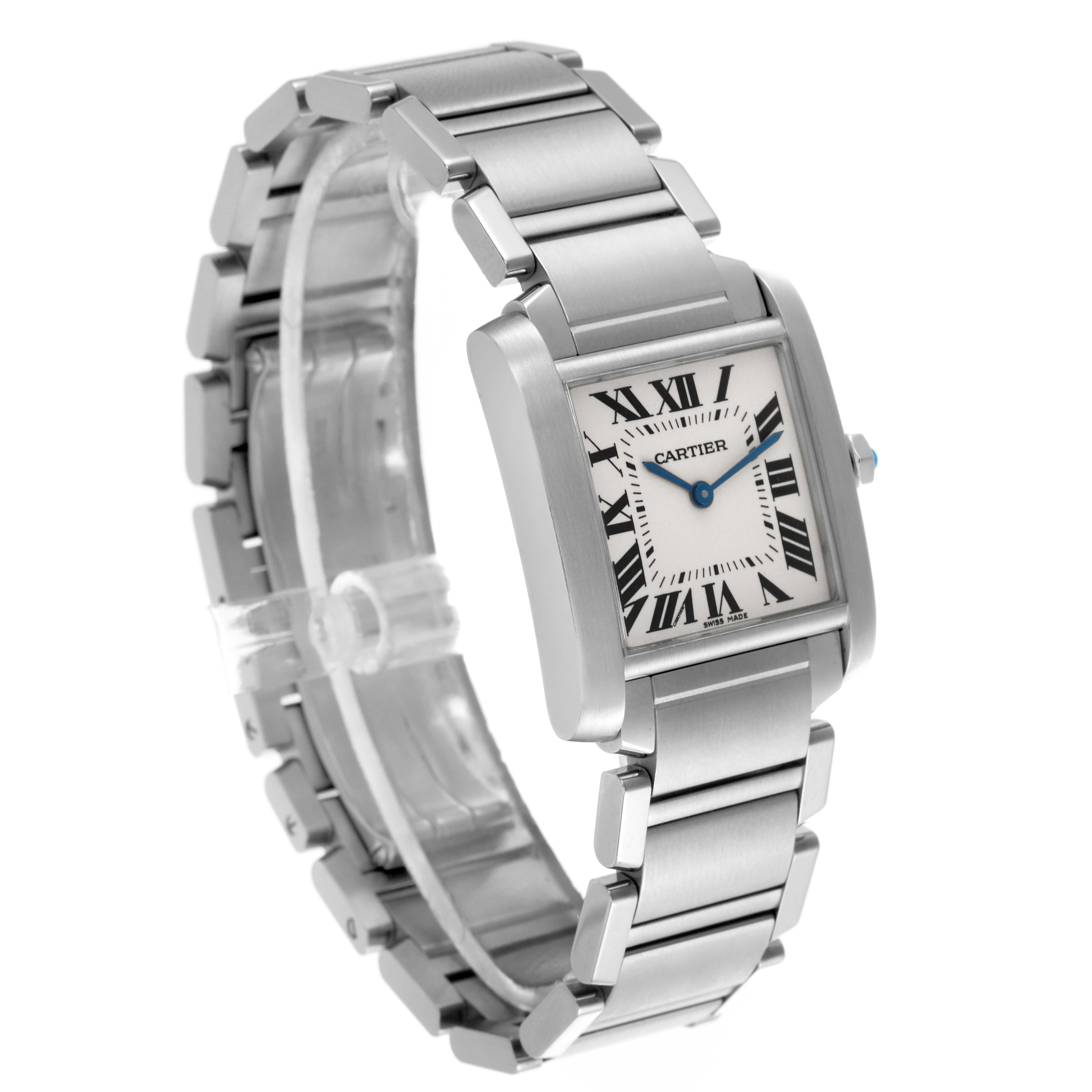 The Cartier Tank Francaise WSTA0005 Women
s Stainless Steel Silver Dial WSTA0005 Women
s Stainless Steel Silver Dial watch is shown at a three-quarter angle, highlighting the face, Roman numerals, and metal bracelet.