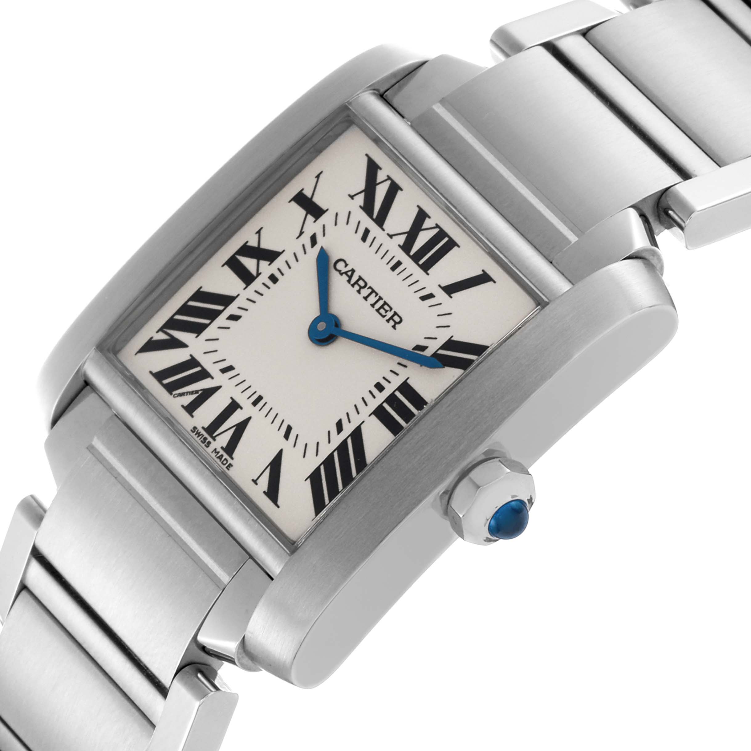 The Cartier Tank Francaise WSTA0005 Women
s Stainless Steel Silver Dial WSTA0005 Women
s Stainless Steel Silver Dial watch is shown at an angled view, highlighting the face, dial, and part of the stainless steel bracelet.