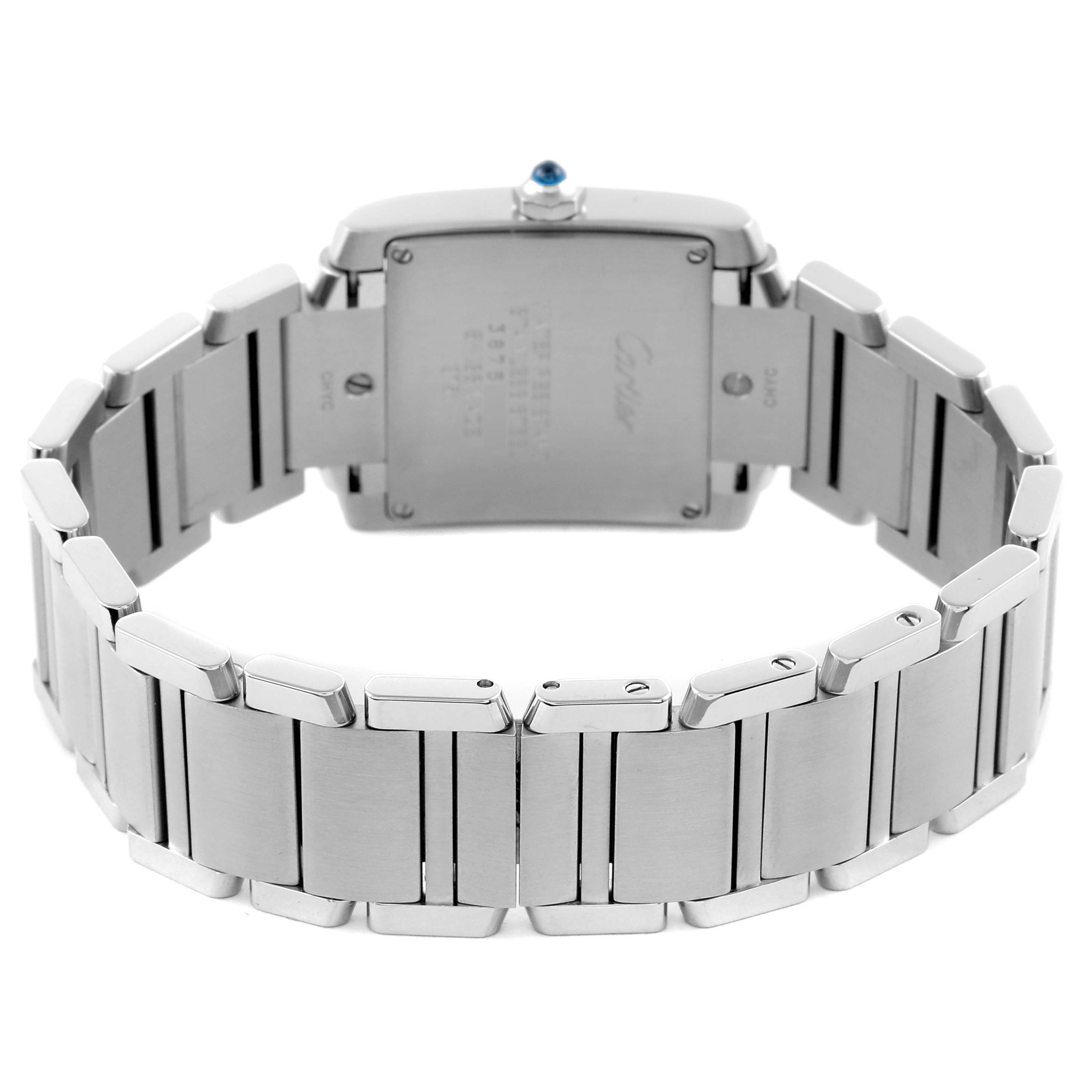 The image shows a Cartier Tank Française watch from the back, highlighting its metal bracelet and case back.