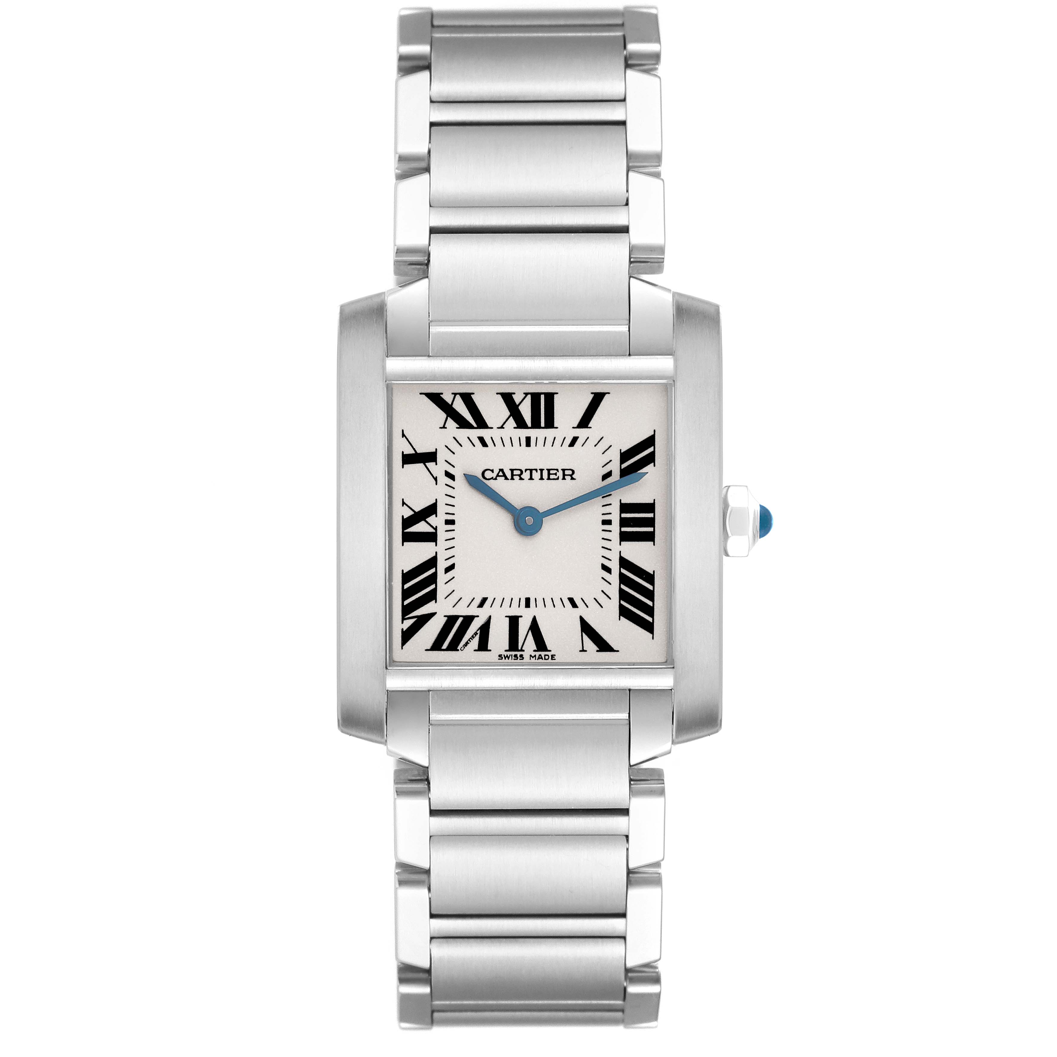 The Cartier Tank Française watch is shown from a straight-on view, displaying the face, Roman numerals, hands, and metal bracelet.