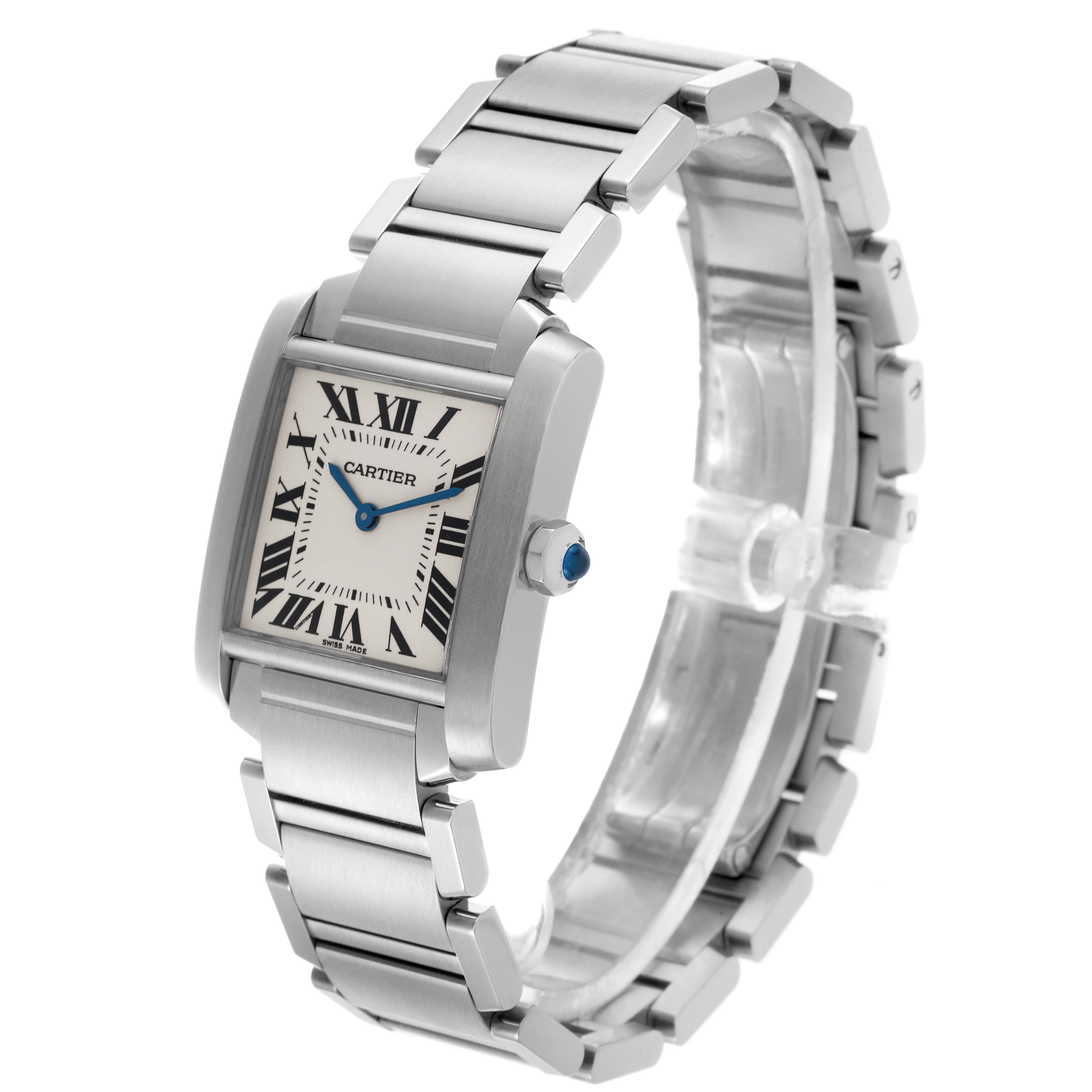 The Cartier Tank Française watch is shown at a three-quarter angle, displaying the face, bezel, and metal bracelet.