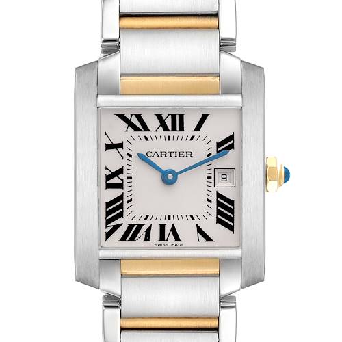 The Cartier Tank Française watch is shown from a front angle, highlighting its rectangular face, Roman numerals, and metal bracelet.