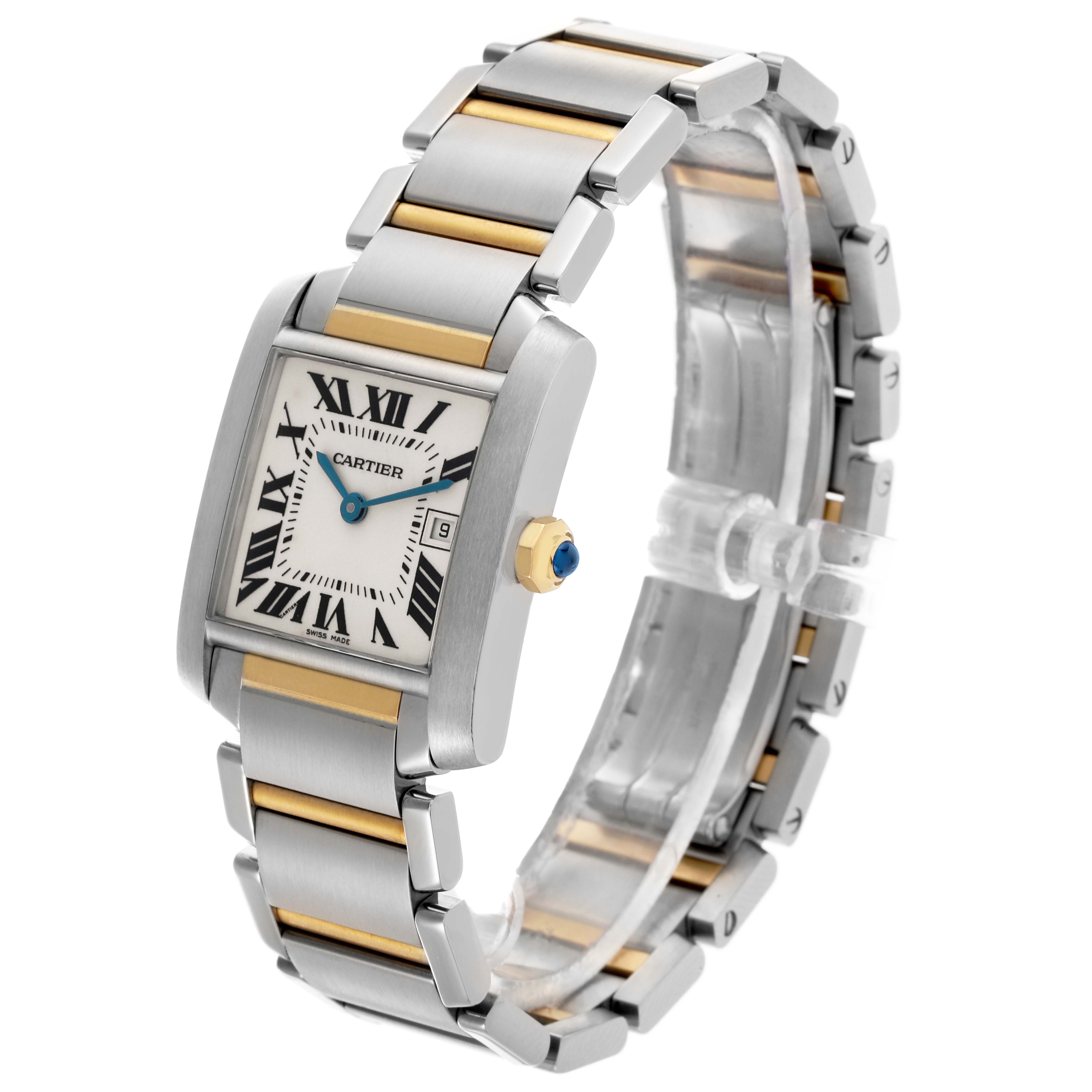 The image shows a side angle of the Cartier Tank Francaise W51012Q4 Women's Steel and Gold (two tone) Silver Dial W51012Q4 Women's Steel and Gold (two tone) Silver Dial watch, highlighting its bracelet and crown.