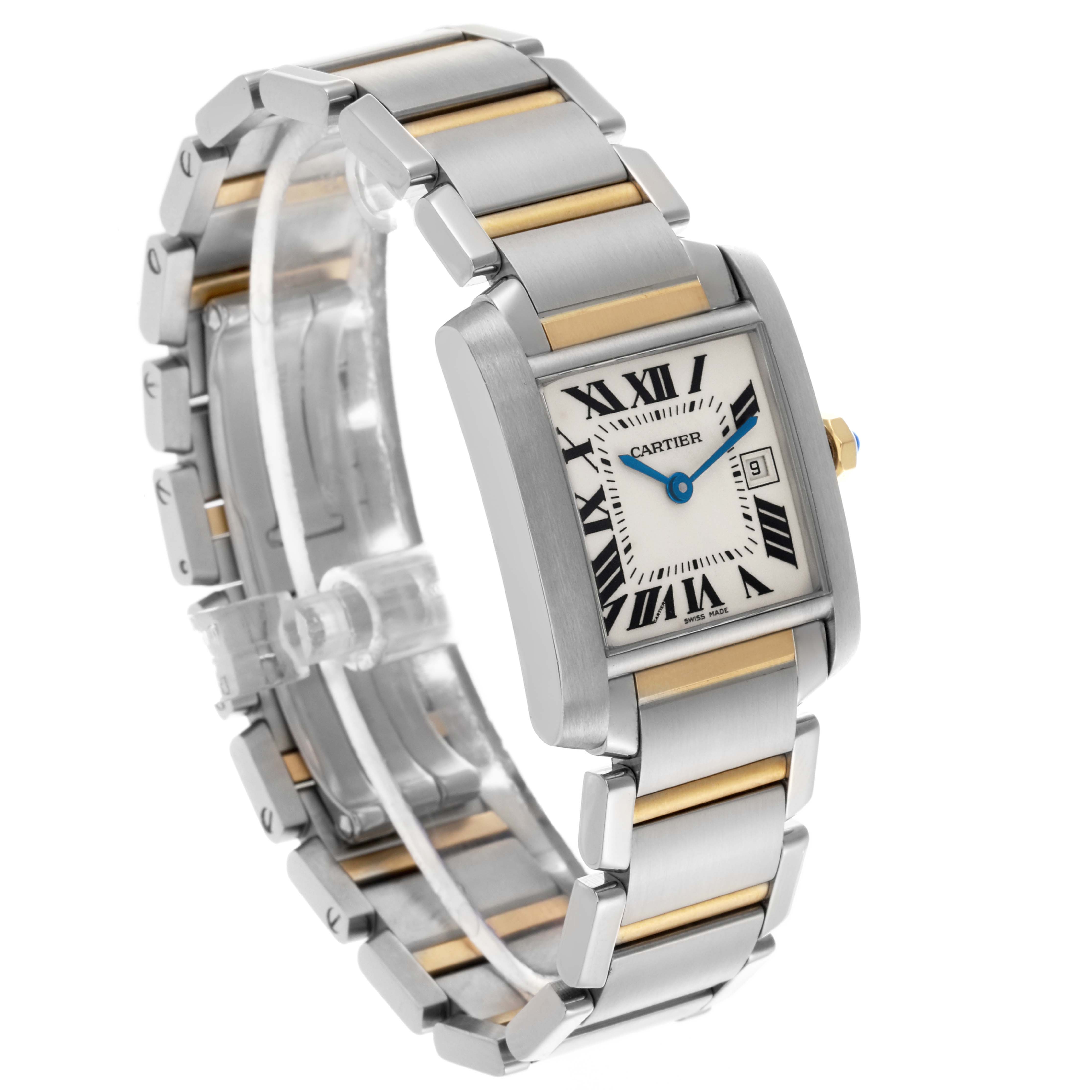 The Cartier Tank Francaise W51012Q4 Women's Steel and Gold (two tone) Silver Dial W51012Q4 Women's Steel and Gold (two tone) Silver Dial watch is shown at a three-quarter angle, highlighting its face, bezel, and metal bracelet with gold accents.
