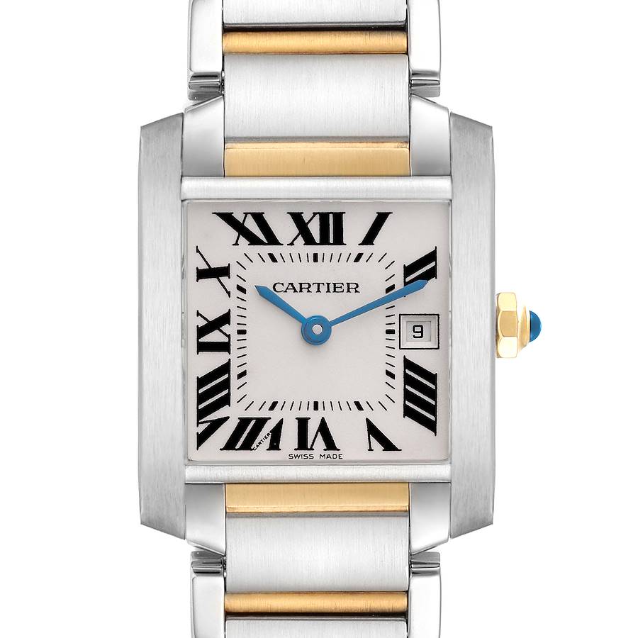 The Cartier Tank Francaise watch is shown from the front, highlighting its face, rectangular case, and metal bracelet.