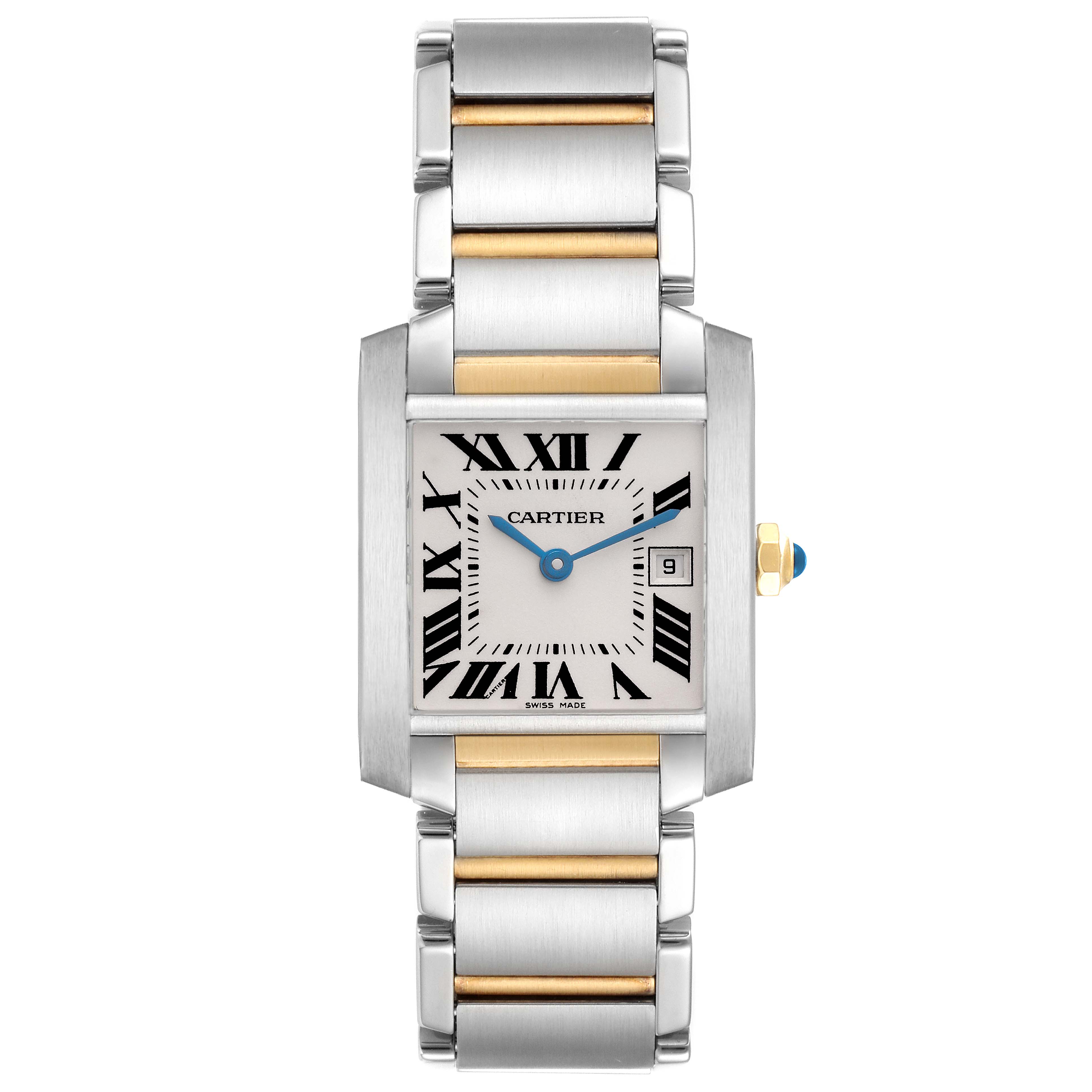 The Cartier Tank Francaise W51012Q4 Women's Steel and Gold (two tone) Silver Dial W51012Q4 Women's Steel and Gold (two tone) Silver Dial watch is shown from a frontal angle, displaying its face, hands, bracelet, and crown.