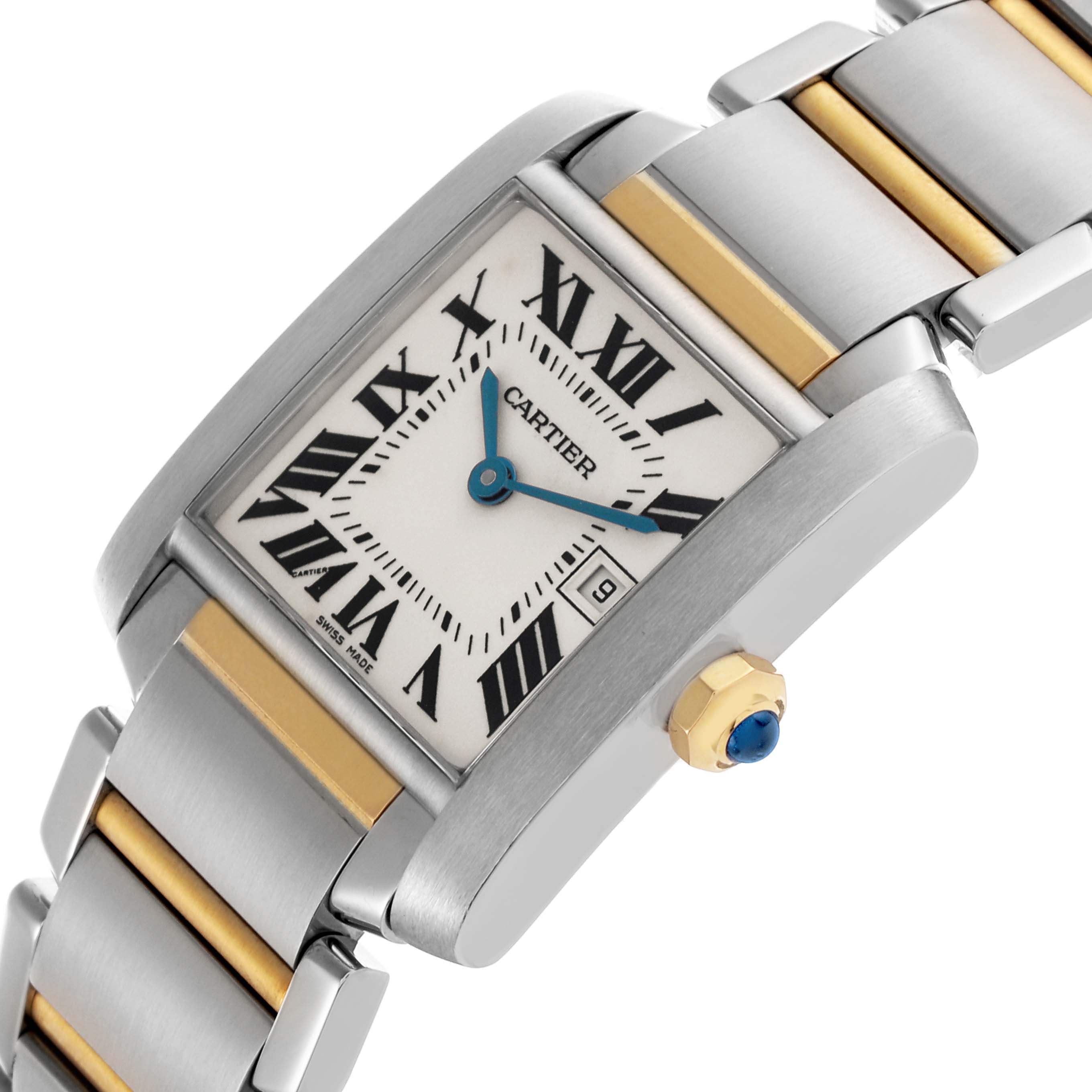 The Cartier Tank Française watch is shown at an angle highlighting the face, blue hands, Roman numerals, and metal bracelet.