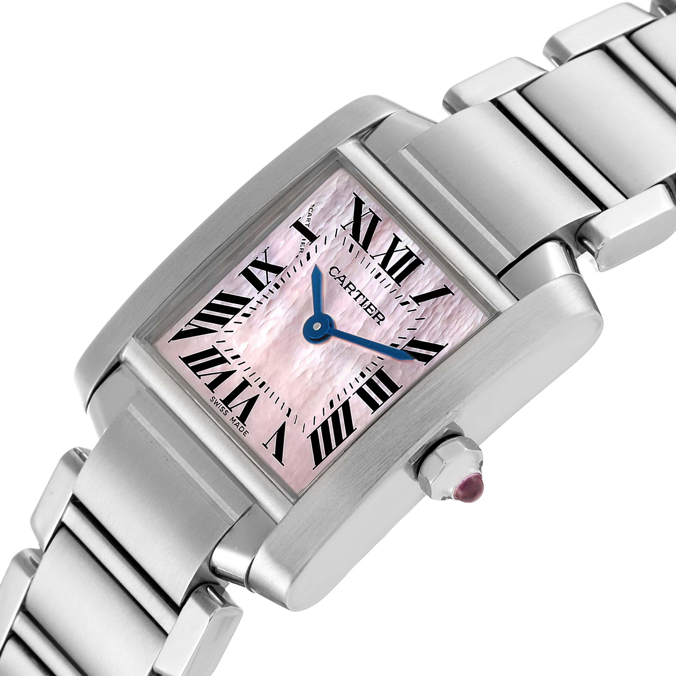 This image shows a Cartier Tank Francaise W51028Q3 Women's Stainless Steel Mother of Pearl Dial W51028Q3 Women's Stainless Steel Mother of Pearl Dial watch at a slight angle, highlighting the dial, crown with a gemstone, and part of the bracelet.