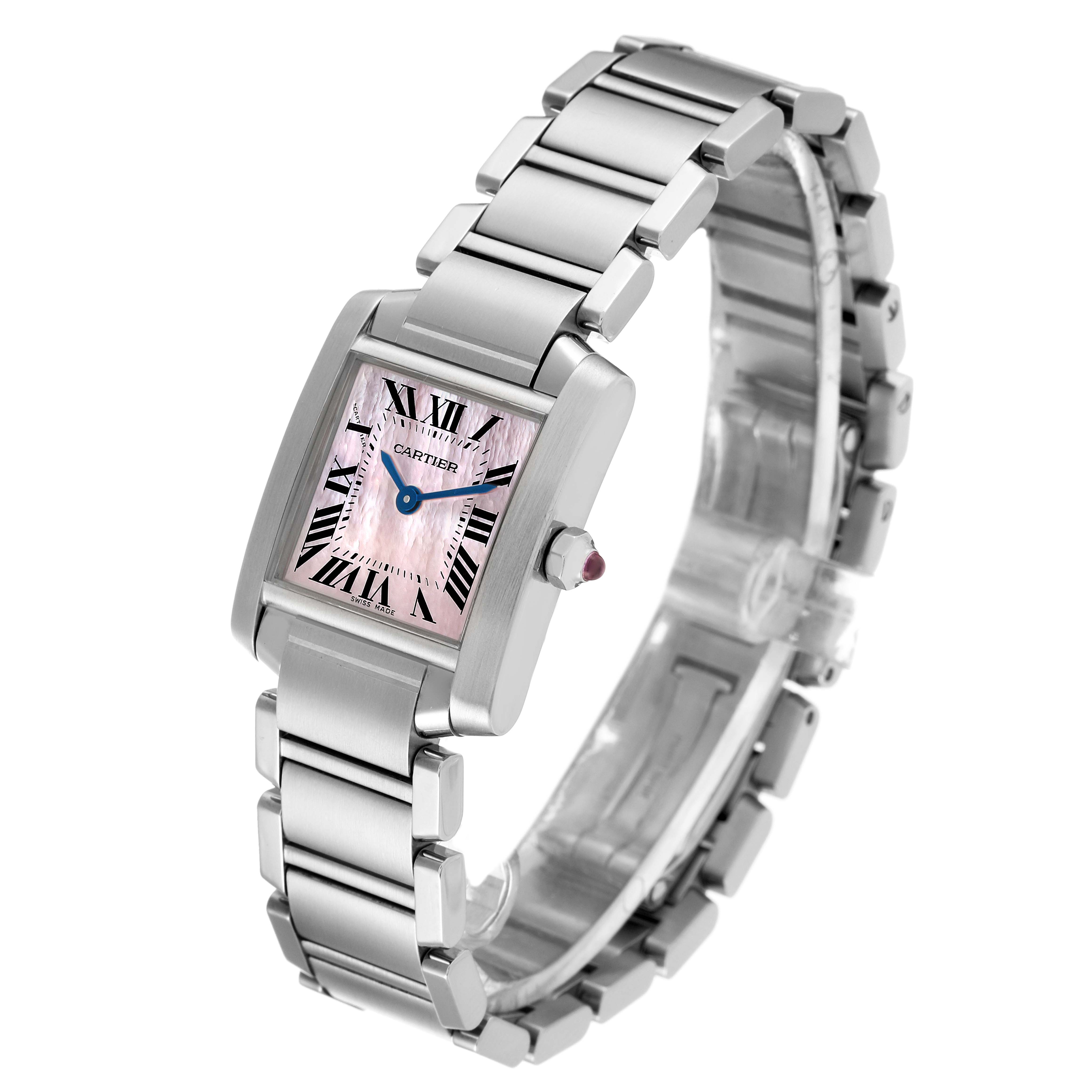 The image shows the Cartier Tank Francaise W51028Q3 Women's Stainless Steel Mother of Pearl Dial W51028Q3 Women's Stainless Steel Mother of Pearl Dial watch at a three-quarter angle highlighting the bracelet and the face.
