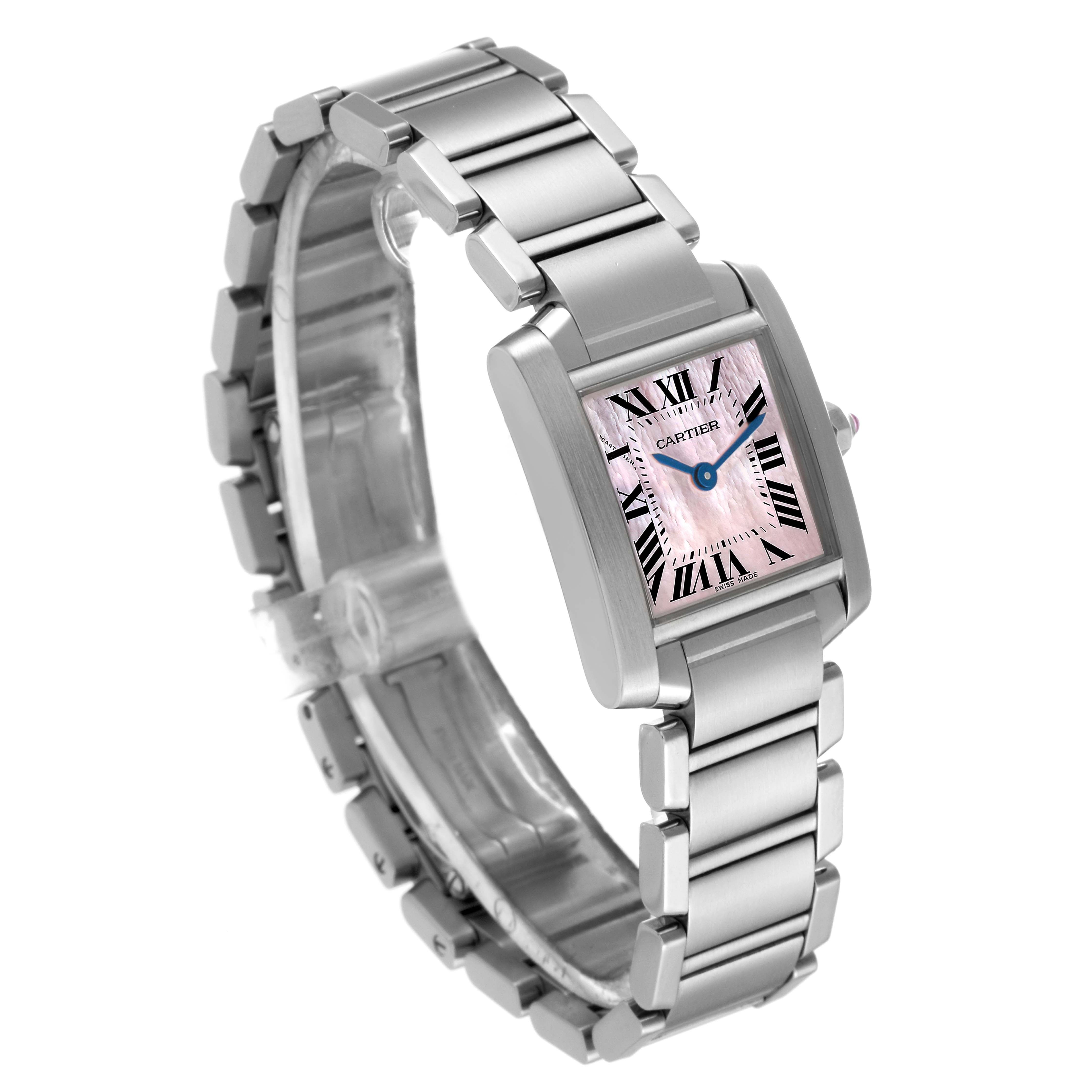 The image displays a Tank Francaise watch by Cartier from a slightly angled top-down view, showcasing its bracelet and dial.