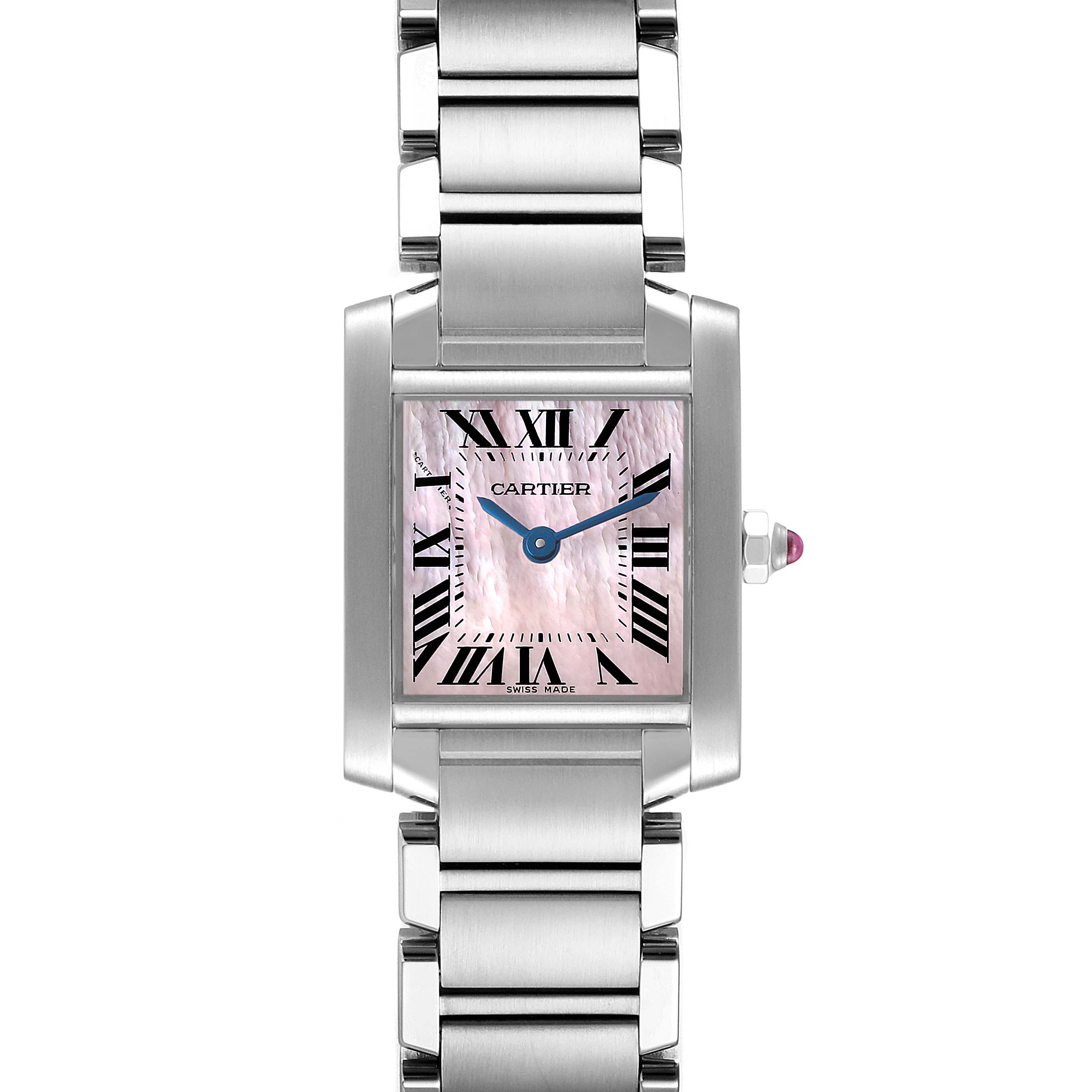 The Cartier Tank Francaise W51028Q3 Women's Stainless Steel Mother of Pearl Dial W51028Q3 Women's Stainless Steel Mother of Pearl Dial watch is shown from a front angle displaying its face, bezel, and stainless steel bracelet.