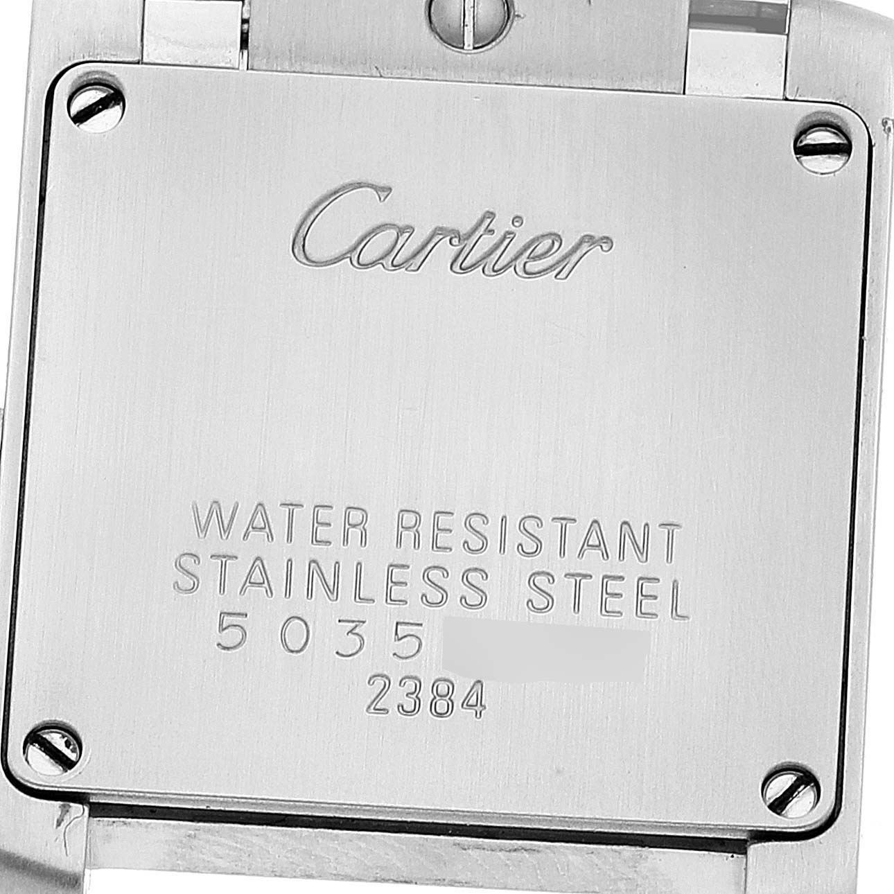 This is the back view of the Cartier Tank Francaise W51028Q3 Women's Stainless Steel Mother of Pearl Dial W51028Q3 Women's Stainless Steel Mother of Pearl Dial watch, displaying its water resistance and stainless steel information.