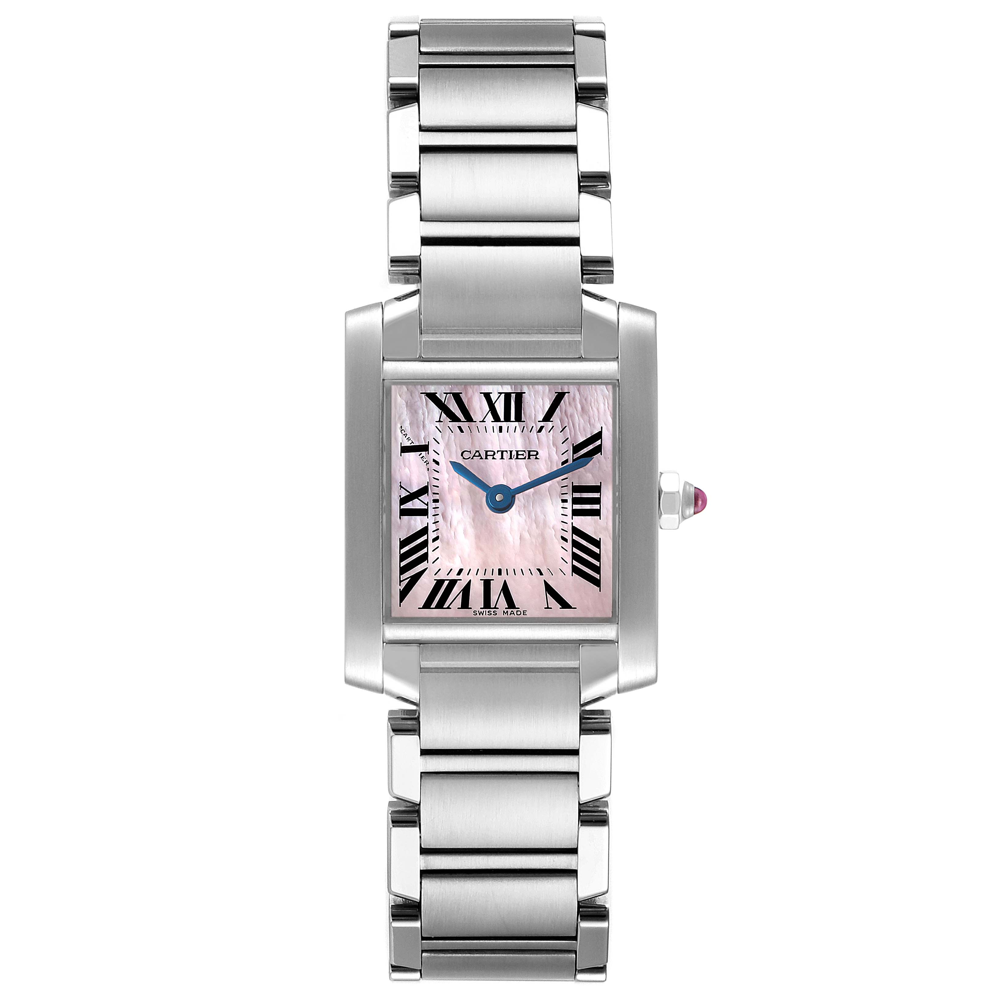 This image shows a Cartier Tank Française watch from a front angle, highlighting the face, band, and crown.