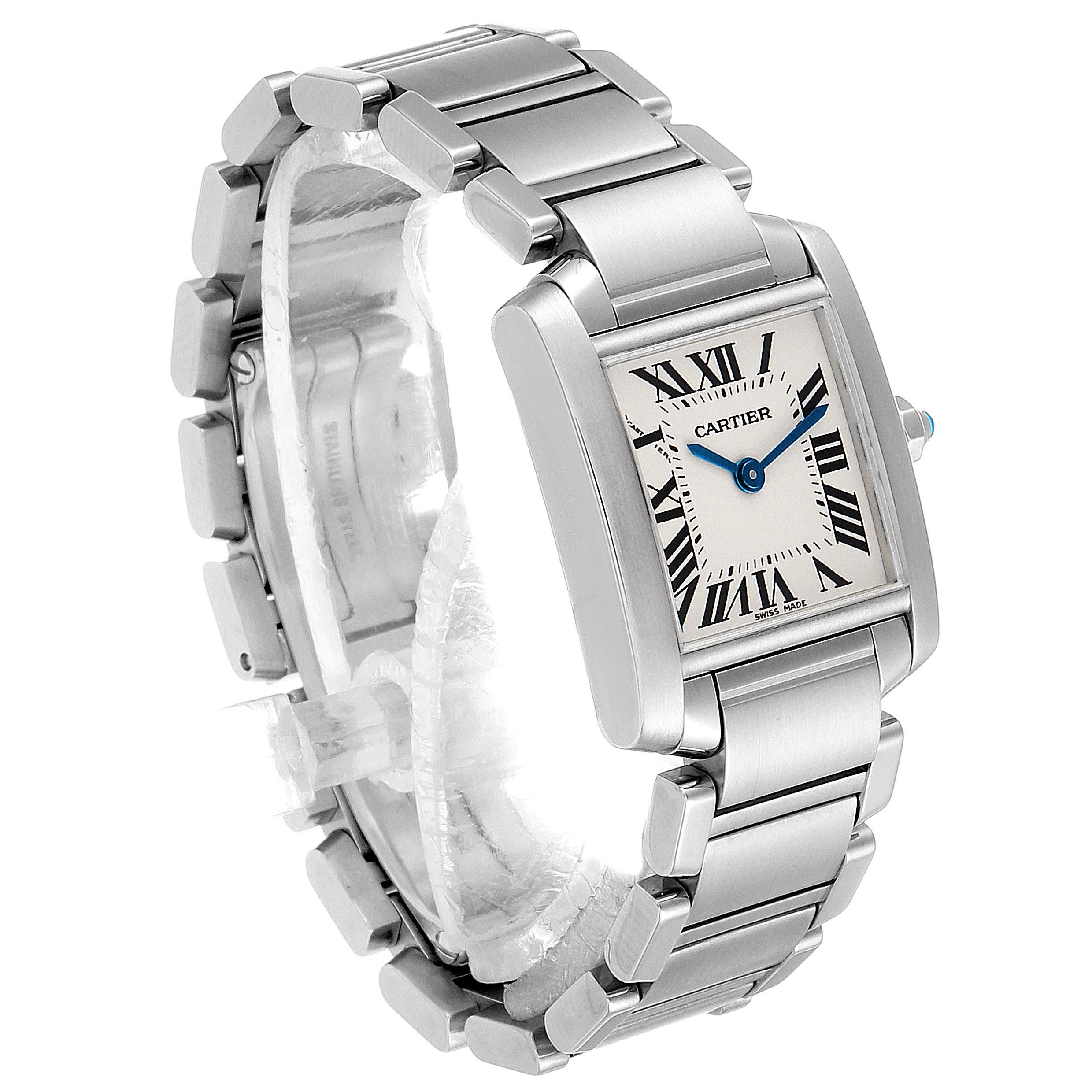 The image displays a side and front angle of the Cartier Tank Francaise W51008Q3 Women's Stainless Steel Silver Dial W51008Q3 Women's Stainless Steel Silver Dial watch, showcasing its face and metal bracelet.