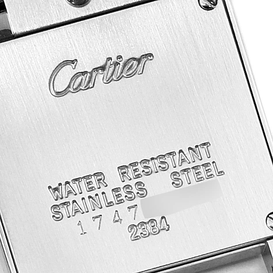 This image shows the back case of a Cartier Tank Francaise W51008Q3 Women's Stainless Steel Silver Dial W51008Q3 Women's Stainless Steel Silver Dial watch, highlighting its water resistance and stainless steel material.