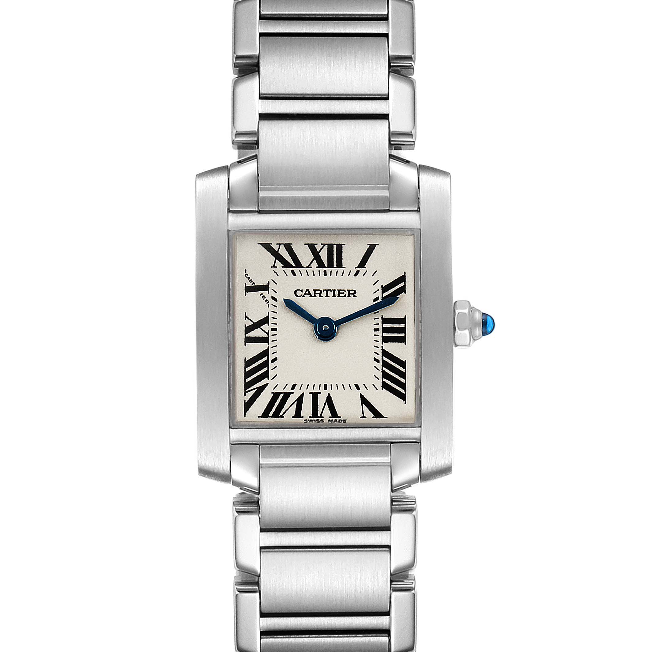This image shows a front view of the Cartier Tank Francaise W51008Q3 Women's Stainless Steel Silver Dial W51008Q3 Women's Stainless Steel Silver Dial watch, highlighting its rectangular face, Roman numerals, and metal bracelet.