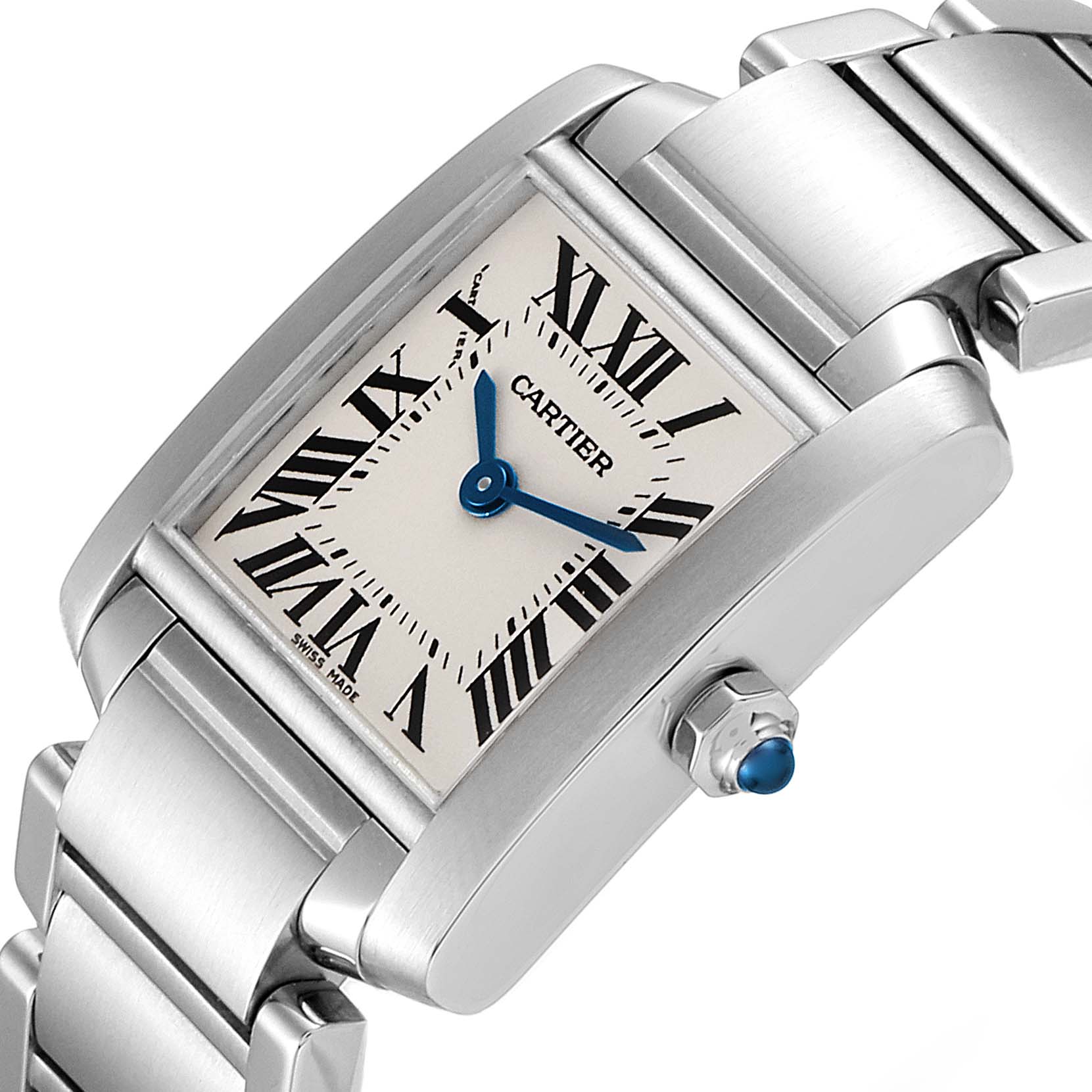 The image shows a close-up angle of the Cartier Tank Francaise W51008Q3 Women's Stainless Steel Silver Dial W51008Q3 Women's Stainless Steel Silver Dial watch, highlighting its face, crown, and part of the bracelet.