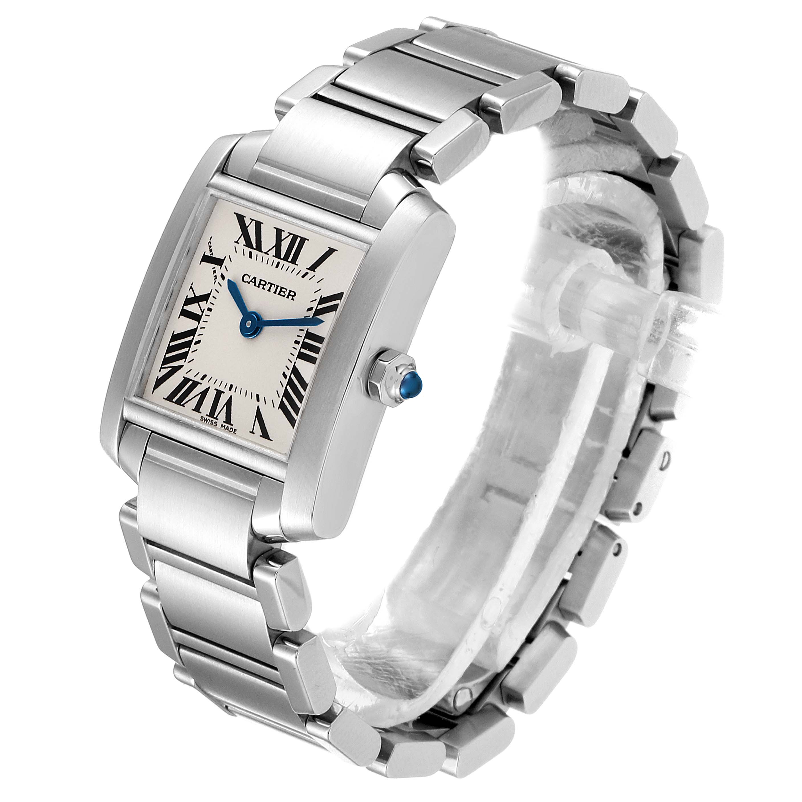 The image shows a Cartier Tank Francaise W51008Q3 Women's Stainless Steel Silver Dial W51008Q3 Women's Stainless Steel Silver Dial watch at a tilted angle, highlighting its rectangular face and metal bracelet.