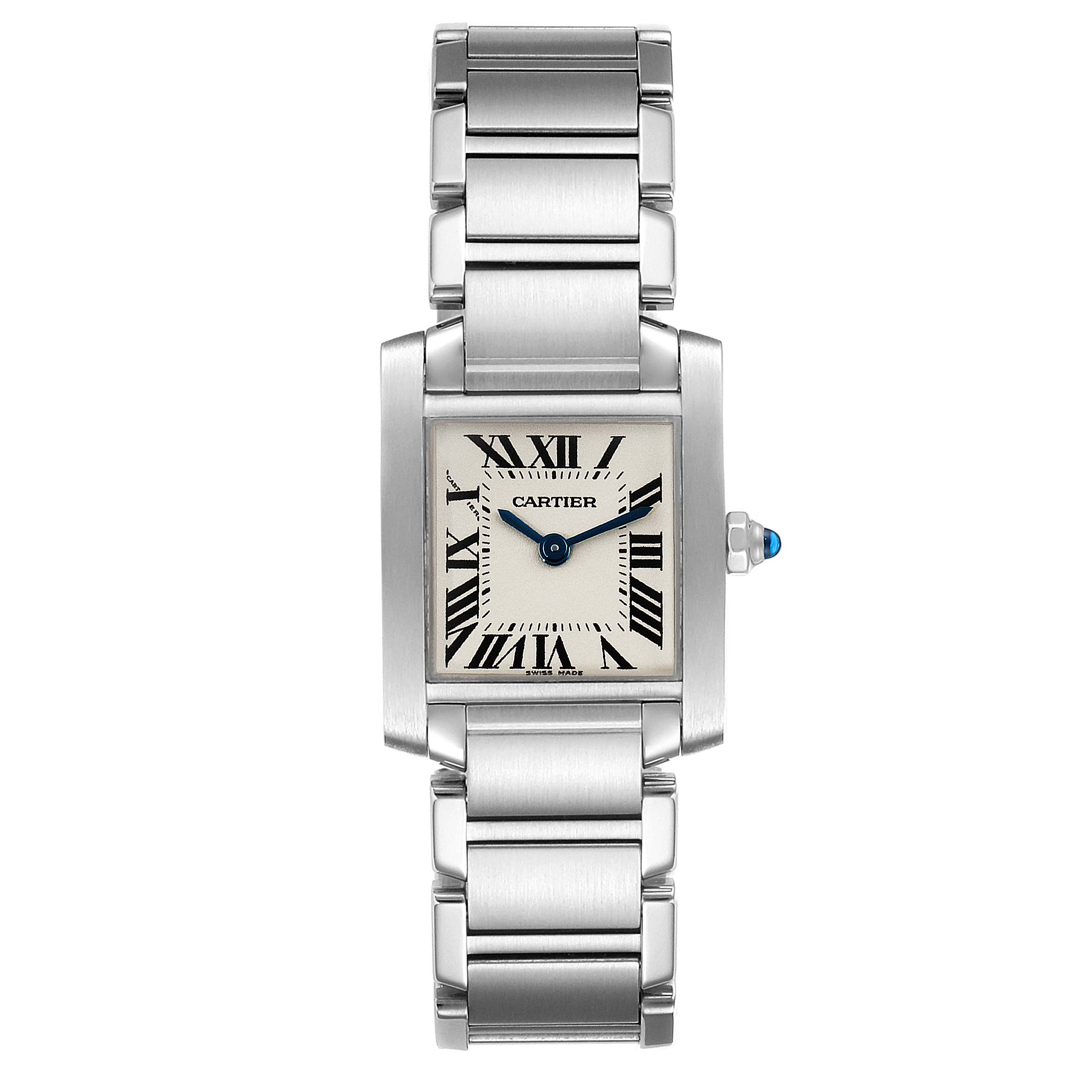 The image shows a top-down view of the Cartier Tank Francaise W51008Q3 Women's Stainless Steel Silver Dial W51008Q3 Women's Stainless Steel Silver Dial watch, displaying its face, bracelet, and crown with a blue cabochon.