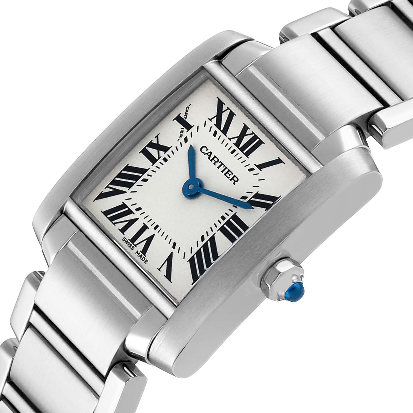 The Cartier Tank Française watch is shown at an angle highlighting the dial, crown, and part of the stainless steel bracelet.