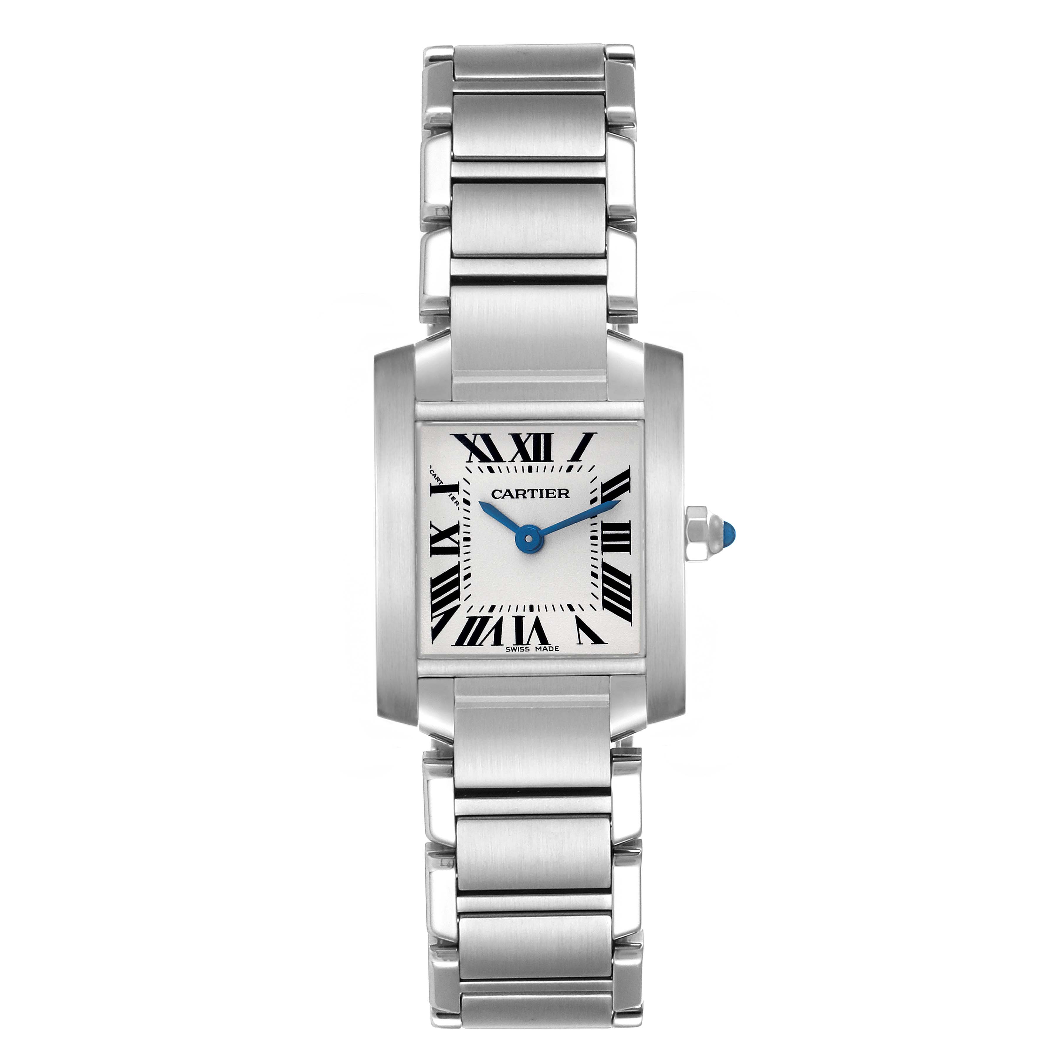 The Cartier Tank Francaise W51008Q3 Women's Stainless Steel Silver Dial watch is shown from a top view, highlighting its rectangular face, blue hands, and metal bracelet.