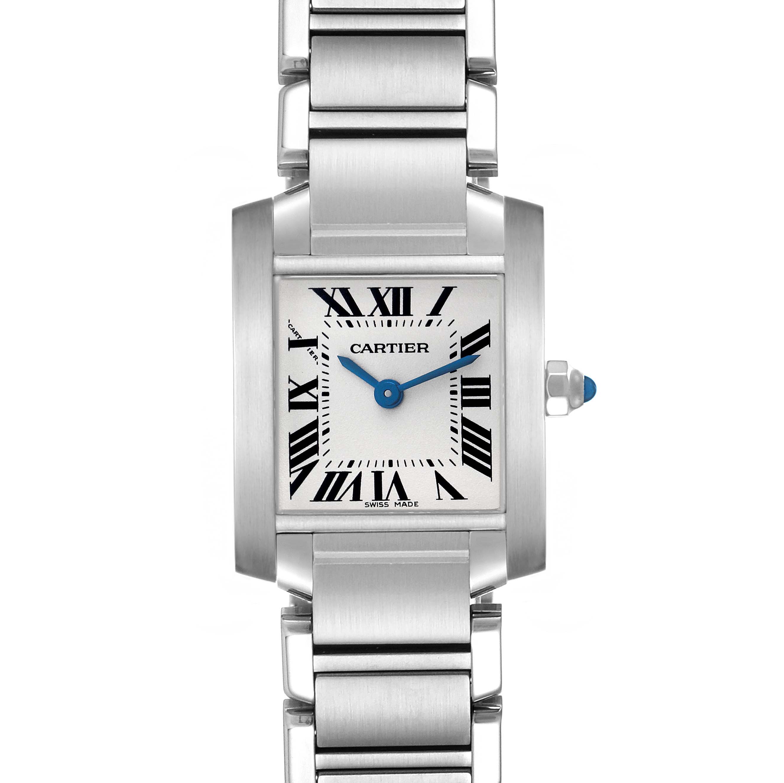 The Cartier Tank Française watch is shown from a front angle, highlighting its rectangular case, blue hands, and metal bracelet.