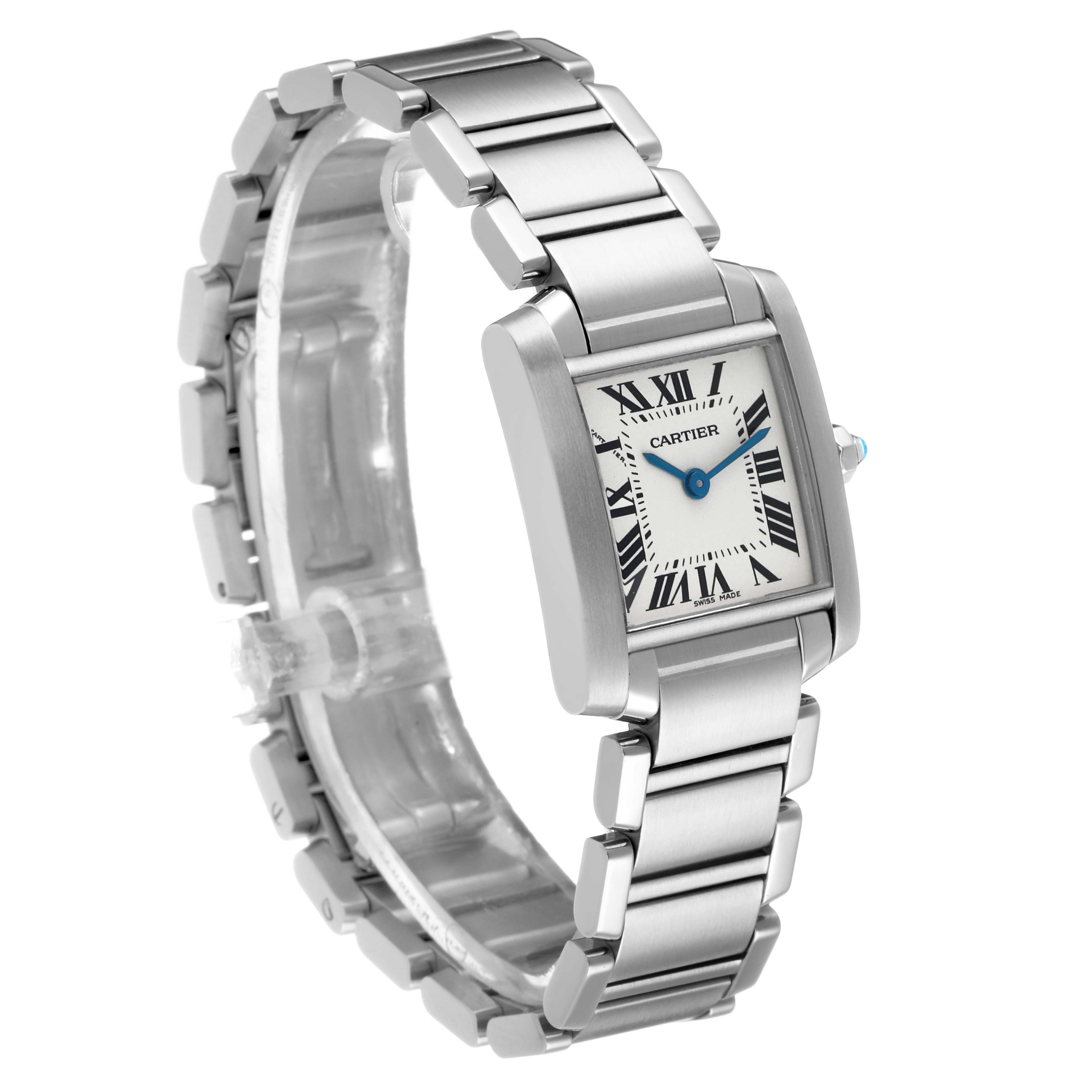 The Cartier Tank Française watch is shown at a three-quarter angle, displaying its face, bracelet, and side profile.