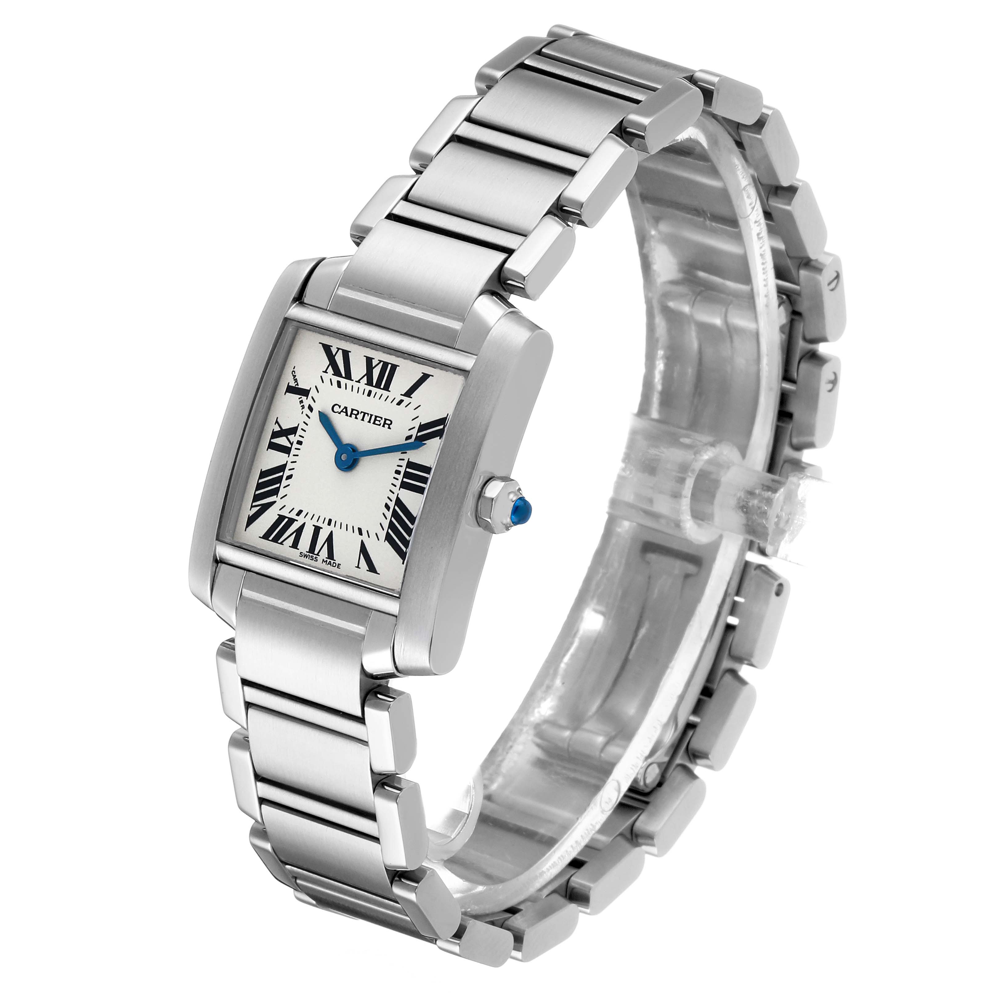 The Cartier Tank Francaise W51008Q3 Women's Stainless Steel Silver Dial watch is shown at a three-quarter angle, displaying the face, bracelet, and crown.