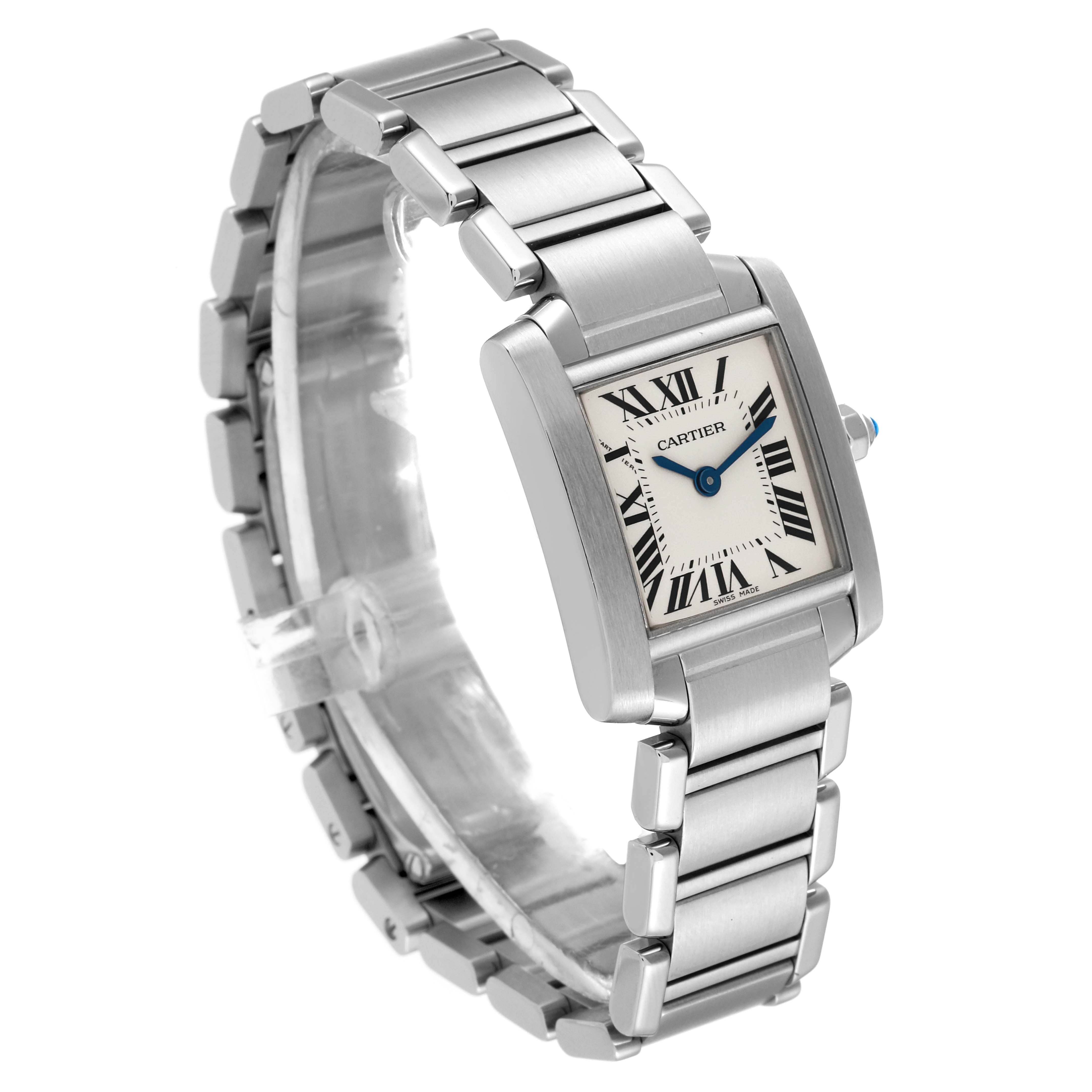 This image shows a side angle of the Cartier Tank Francaise W51008Q3 Women
s Stainless Steel Silver Dial W51008Q3 Women
s Stainless Steel Silver Dial watch, highlighting its stainless steel bracelet and rectangular face.