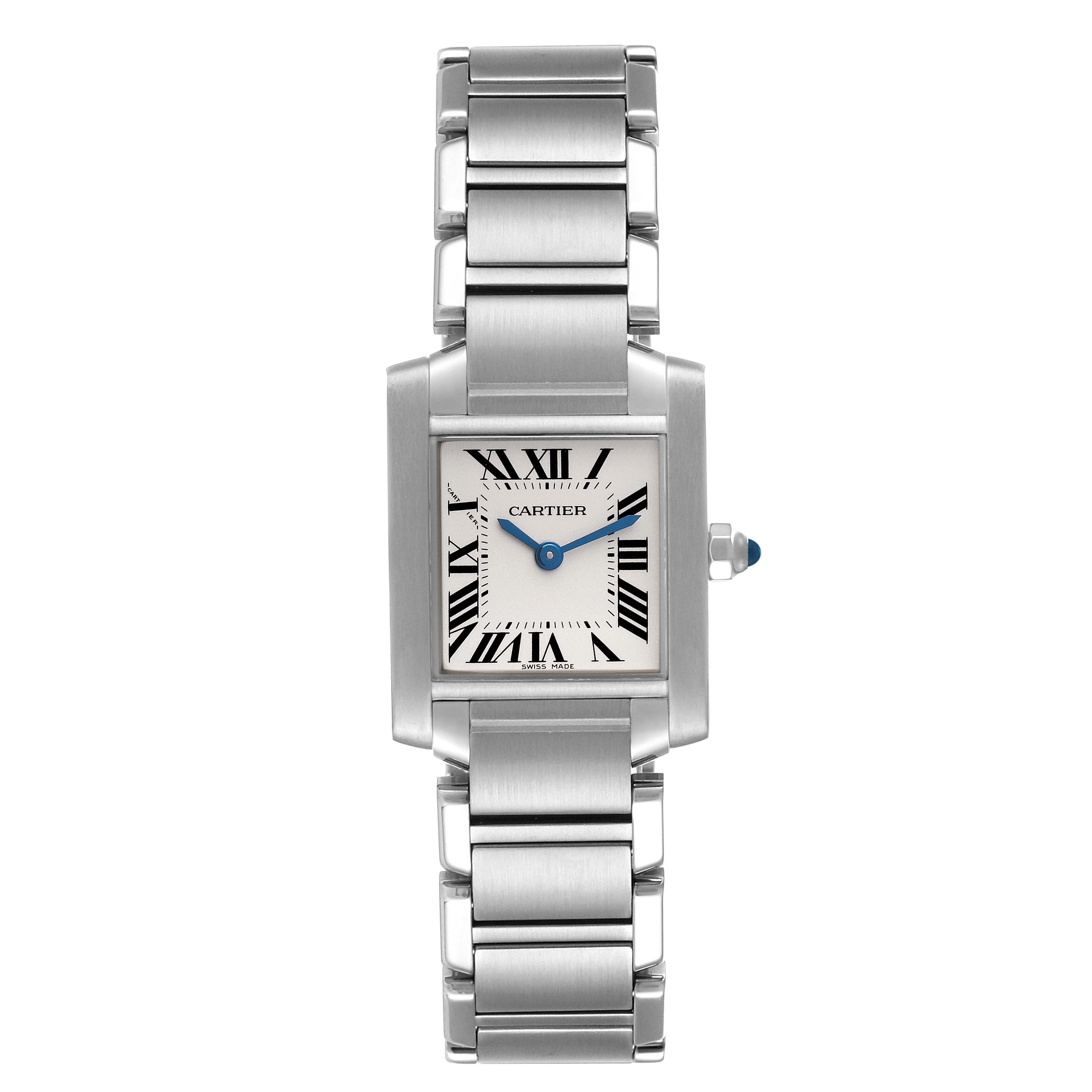 The image shows a frontal view of the Cartier Tank Française watch, highlighting the face, bracelet, and crown.