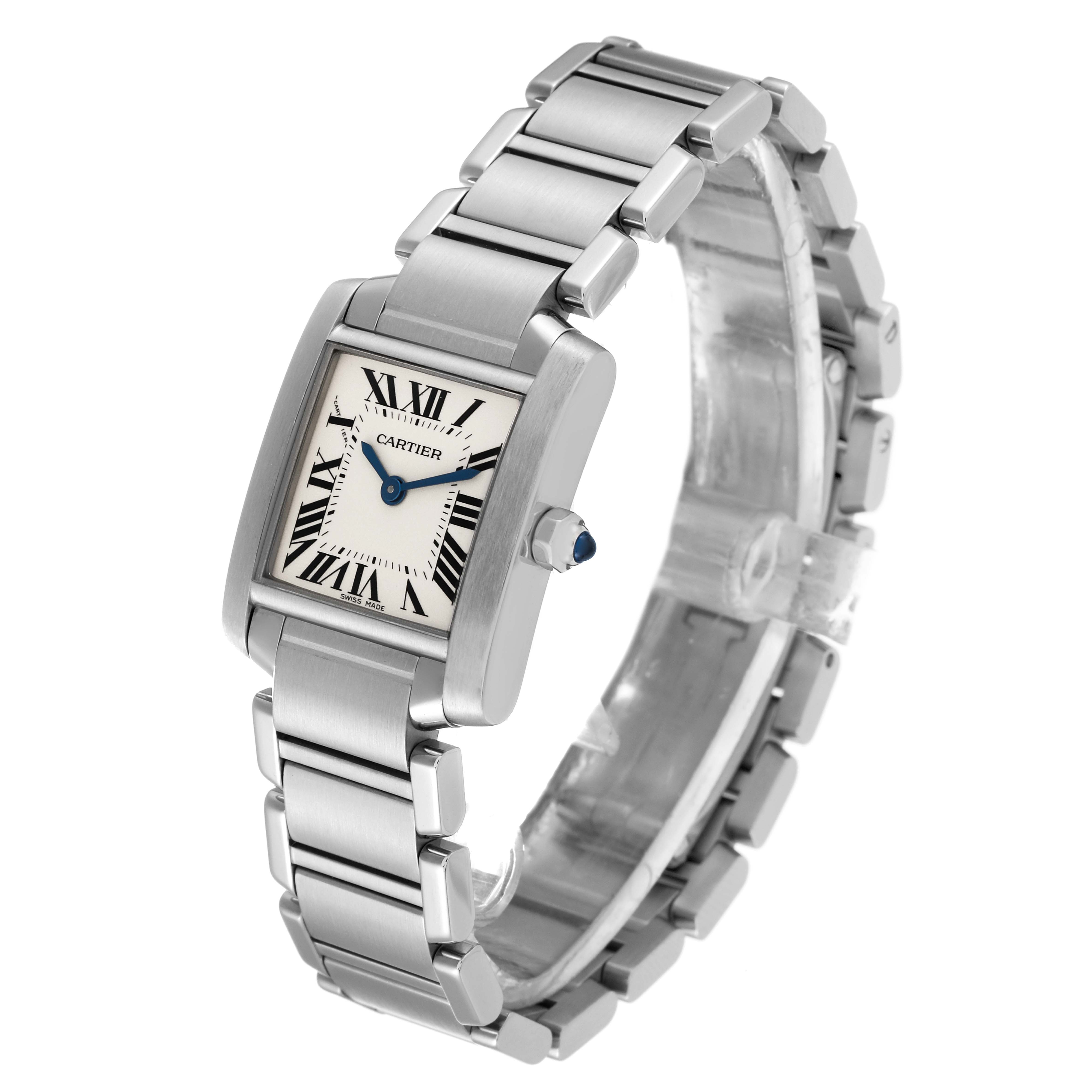 The Cartier Tank Francaise W51008Q3 Women
s Stainless Steel Silver Dial W51008Q3 Women
s Stainless Steel Silver Dial watch is shown from a slightly angled top view, highlighting its face, bracelet, and crown.