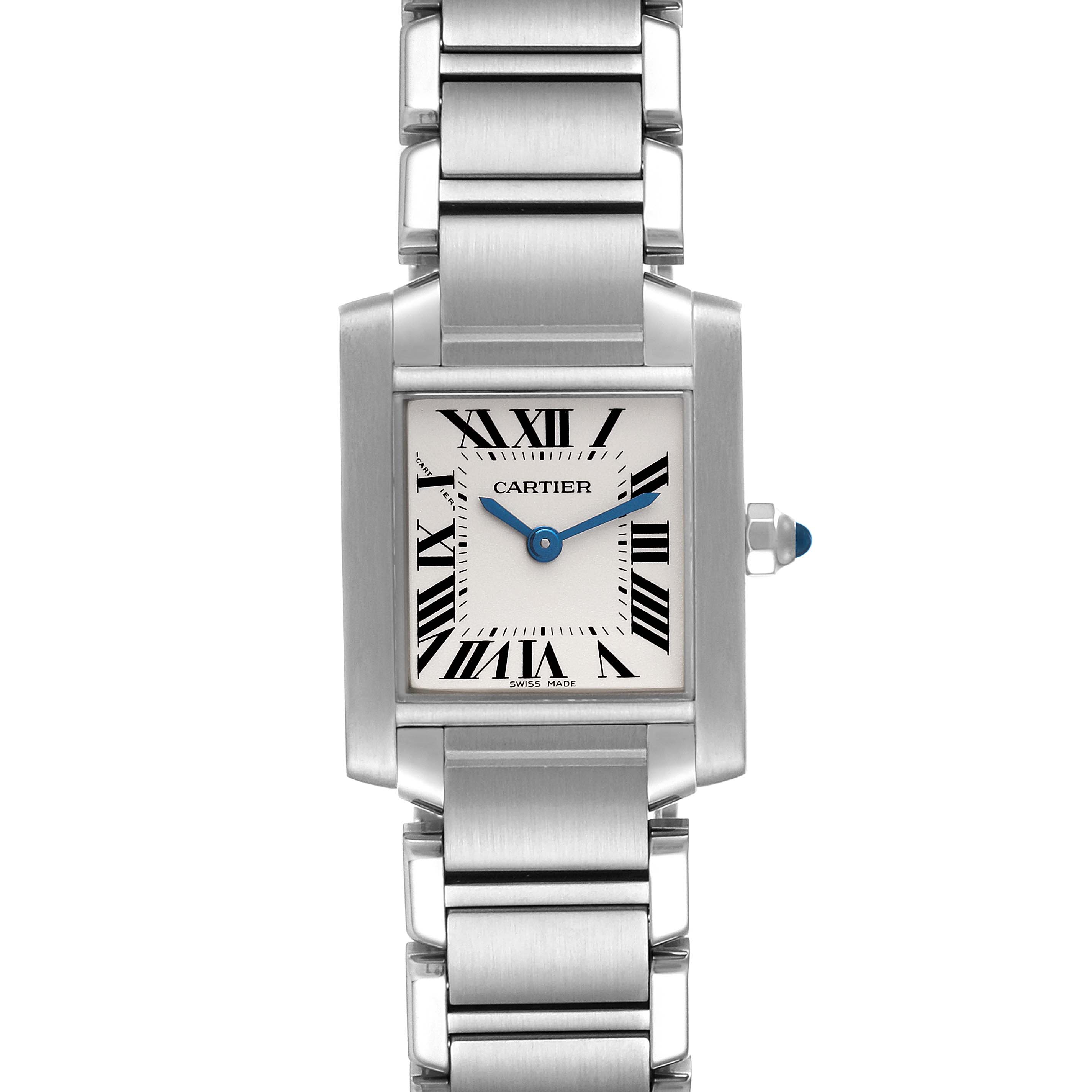 The image shows a front view of the Cartier Tank Francaise W51008Q3 Women
s Stainless Steel Silver Dial W51008Q3 Women
s Stainless Steel Silver Dial watch, displaying its square face, Roman numerals, and metal strap.