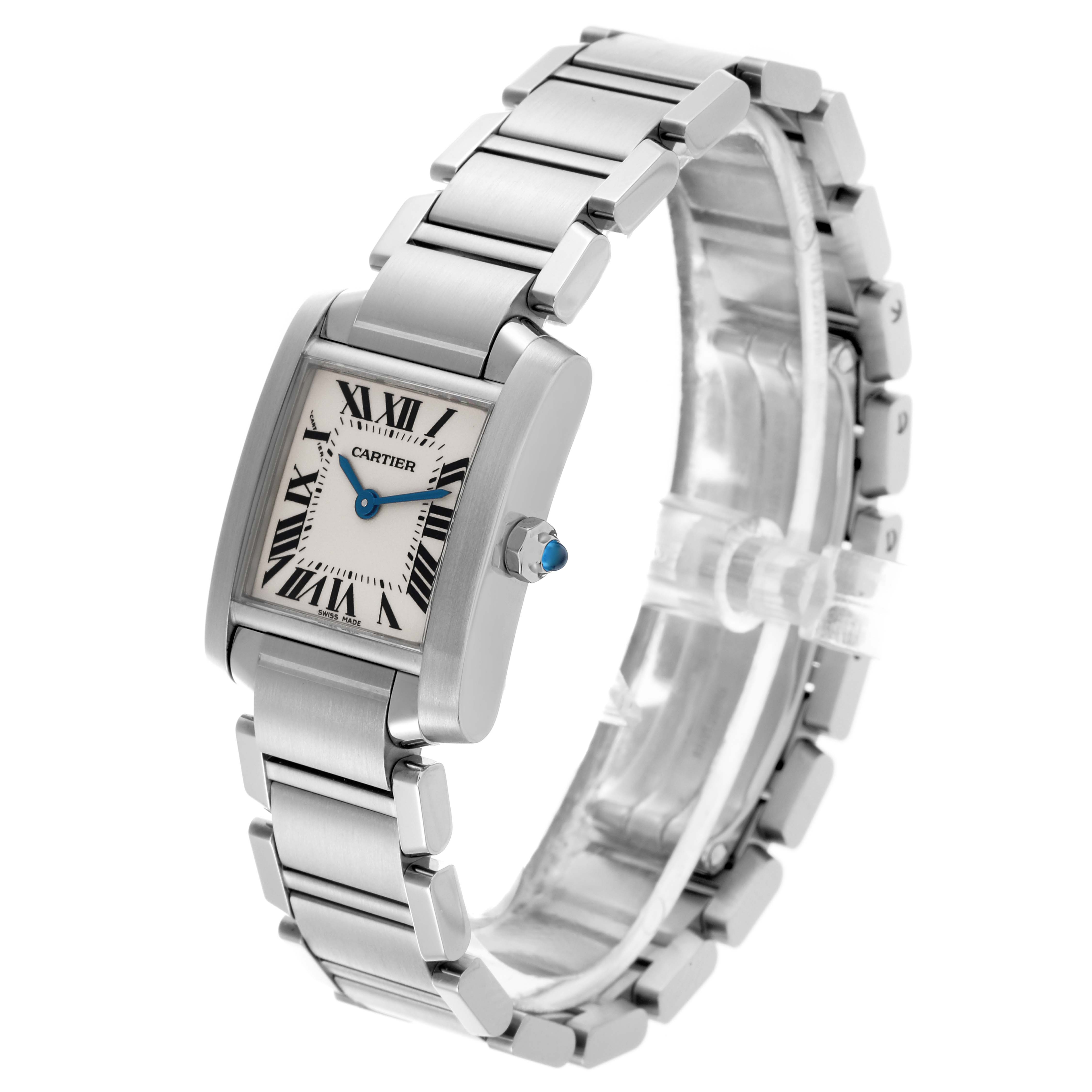 The Cartier Tank Française watch is shown at a three-quarter angle, highlighting the face, bracelet, and crown.