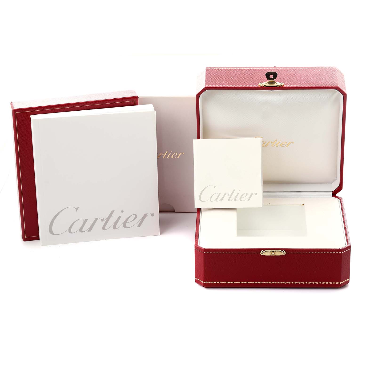 The image shows a Cartier Tank Francaise W51008Q3 Women
s Stainless Steel Silver Dial W51008Q3 Women
s Stainless Steel Silver Dial watch box, opened, with branded booklets displayed at a frontal angle.