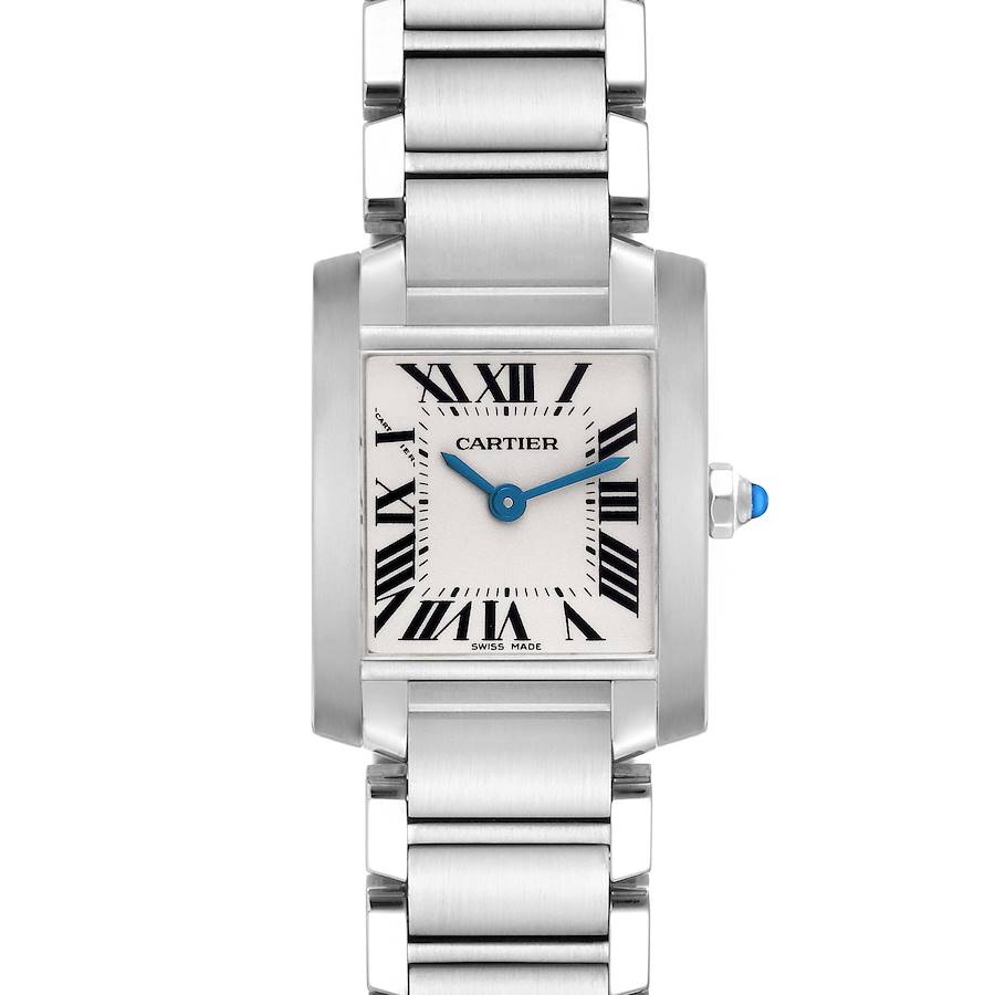 The Cartier Tank Francaise watch is shown from a front view, highlighting the square face, Roman numerals, and metal bracelet.