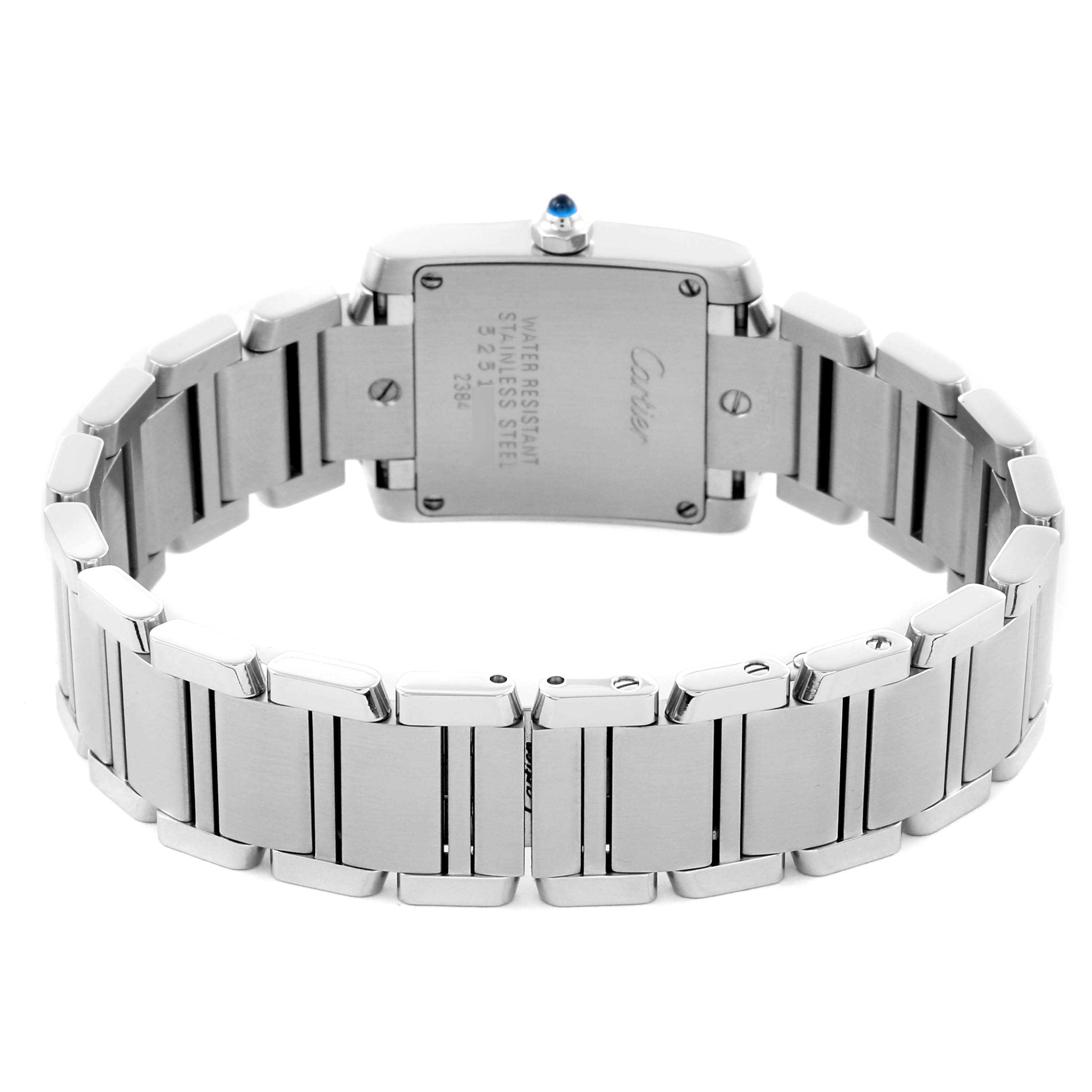 The image shows the back view of the Cartier Tank Francaise W51008Q3 Women
s Stainless Steel Silver Dial W51008Q3 Women
s Stainless Steel Silver Dial, highlighting the stainless steel bracelet and caseback.