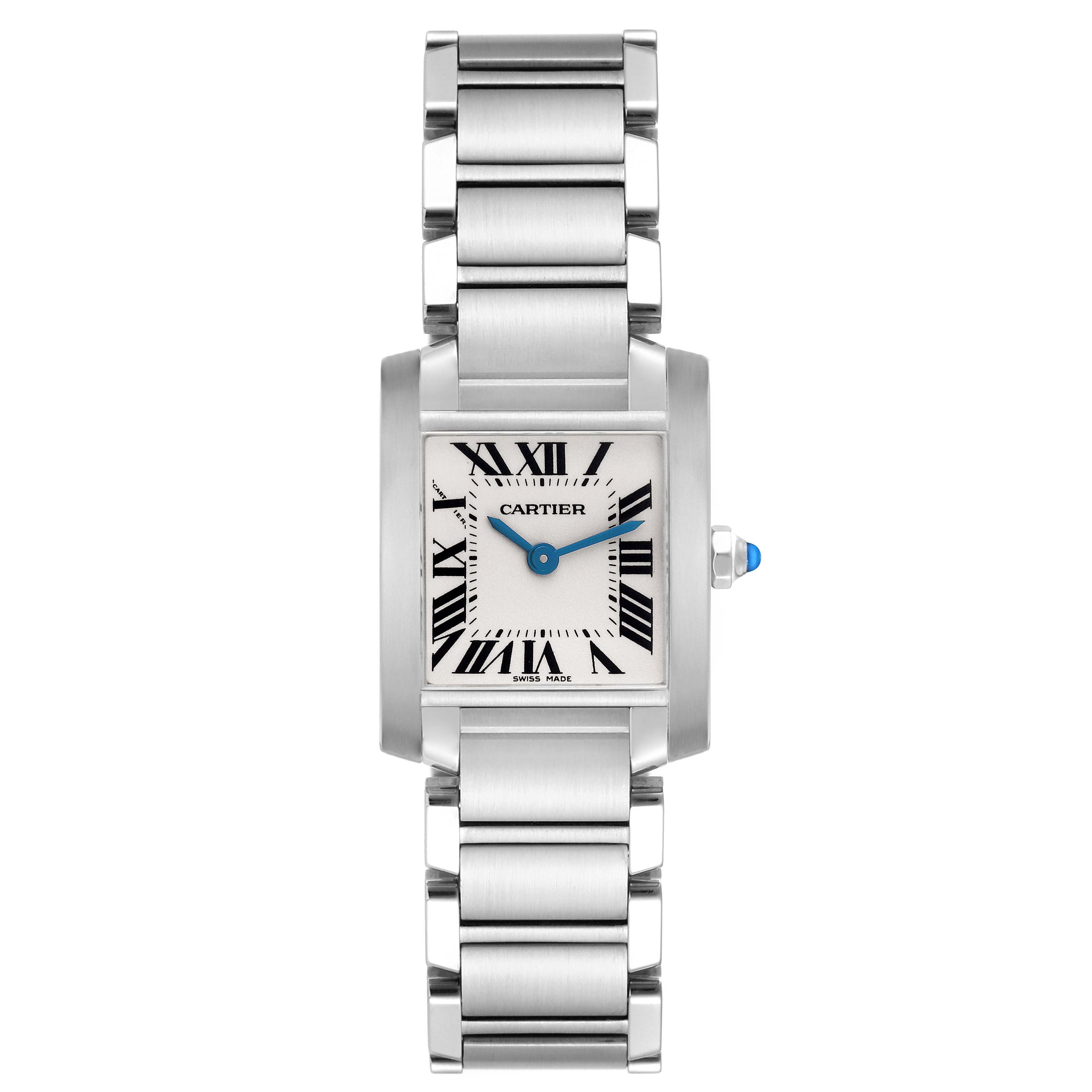 The Cartier Tank Française watch is shown from the front, displaying its face, bracelet, and crown detail.