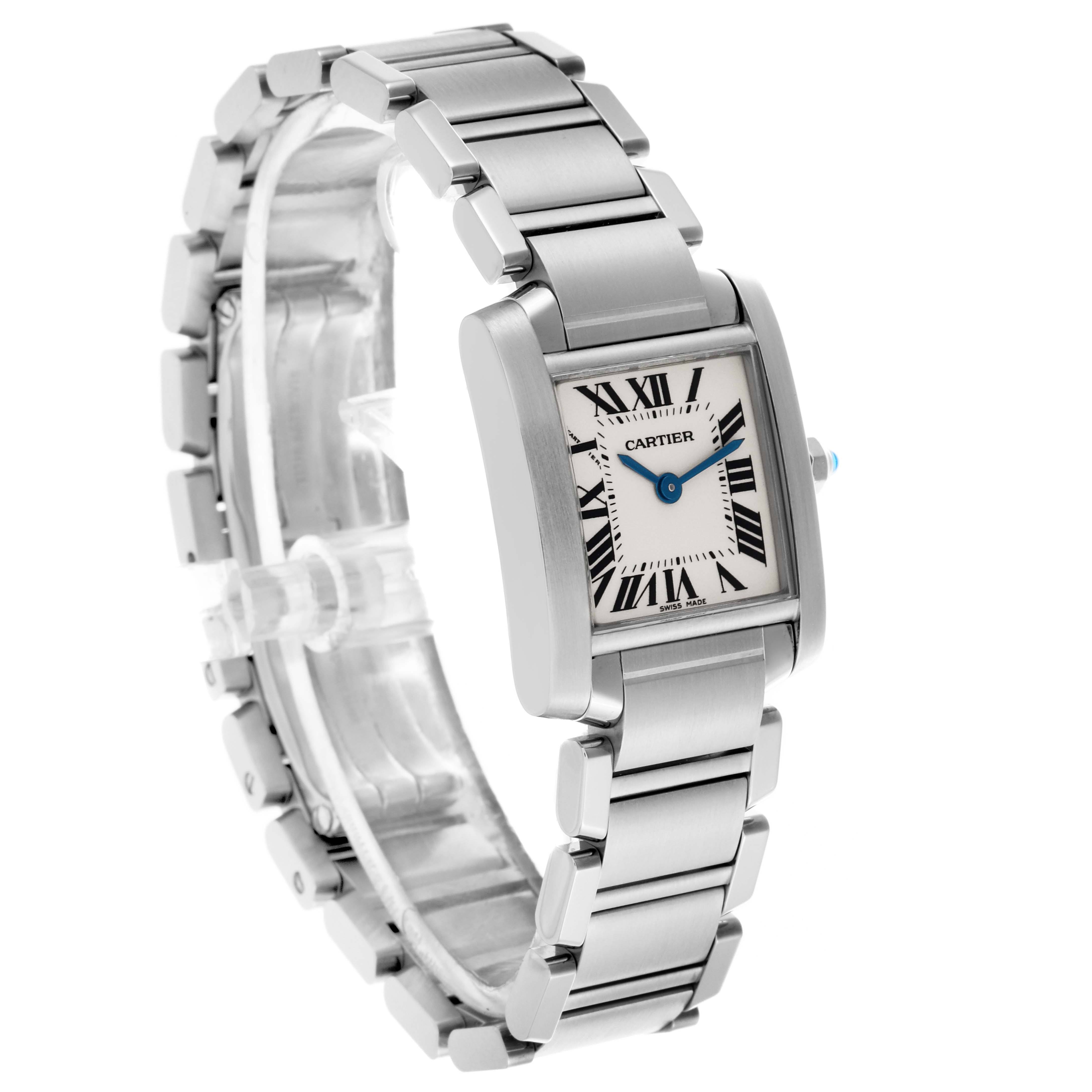 The Cartier Tank Française watch is shown at a three-quarter angle, displaying the face, bezel, and part of the bracelet.