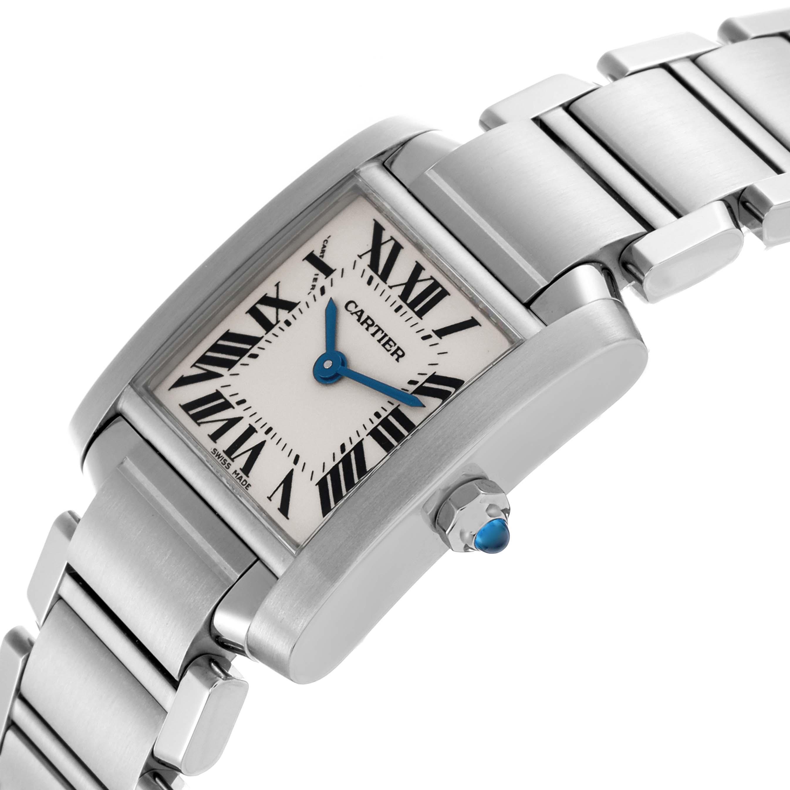 The Cartier Tank Francaise W51008Q3 Women
s Stainless Steel Silver Dial W51008Q3 Women
s Stainless Steel Silver Dial watch is shown at an angled side view, highlighting the Roman numeral dial and metal bracelet.