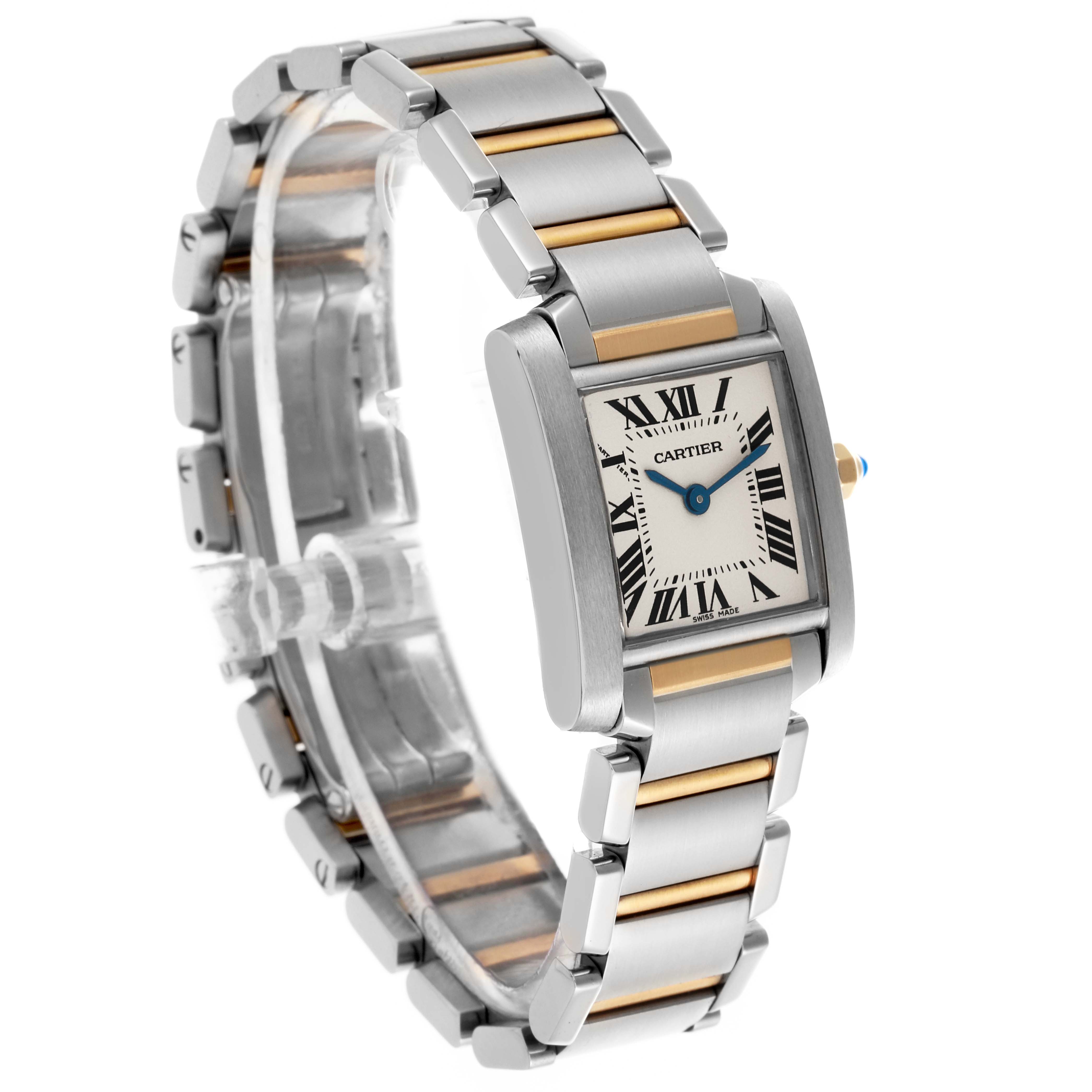 The Cartier Tank Française watch is shown at an angle highlighting its rectangular case, classic dial, and two-tone bracelet.