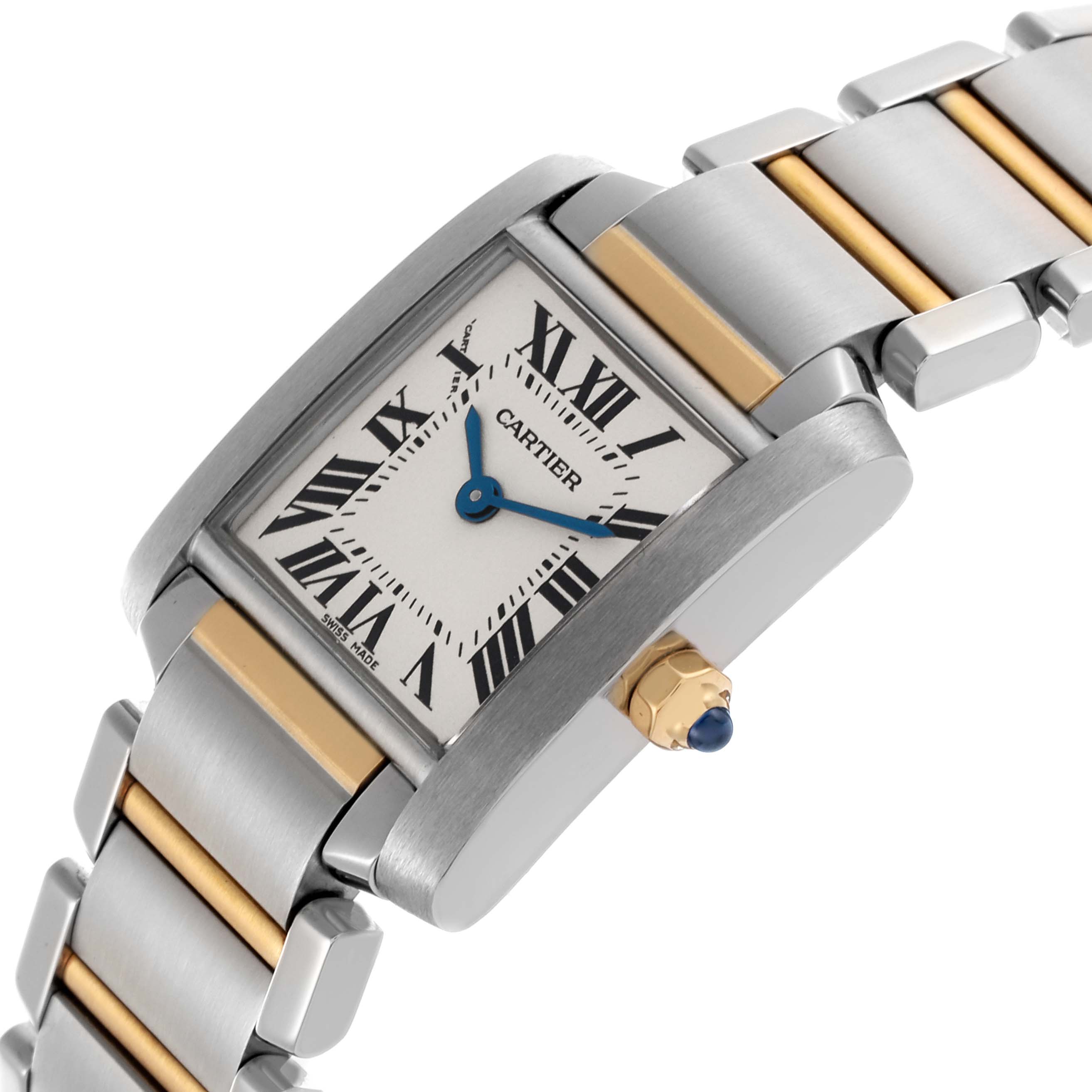 This image shows a Cartier Tank Française watch at an angled view, highlighting the rectangular face with Roman numerals and metal bracelet.