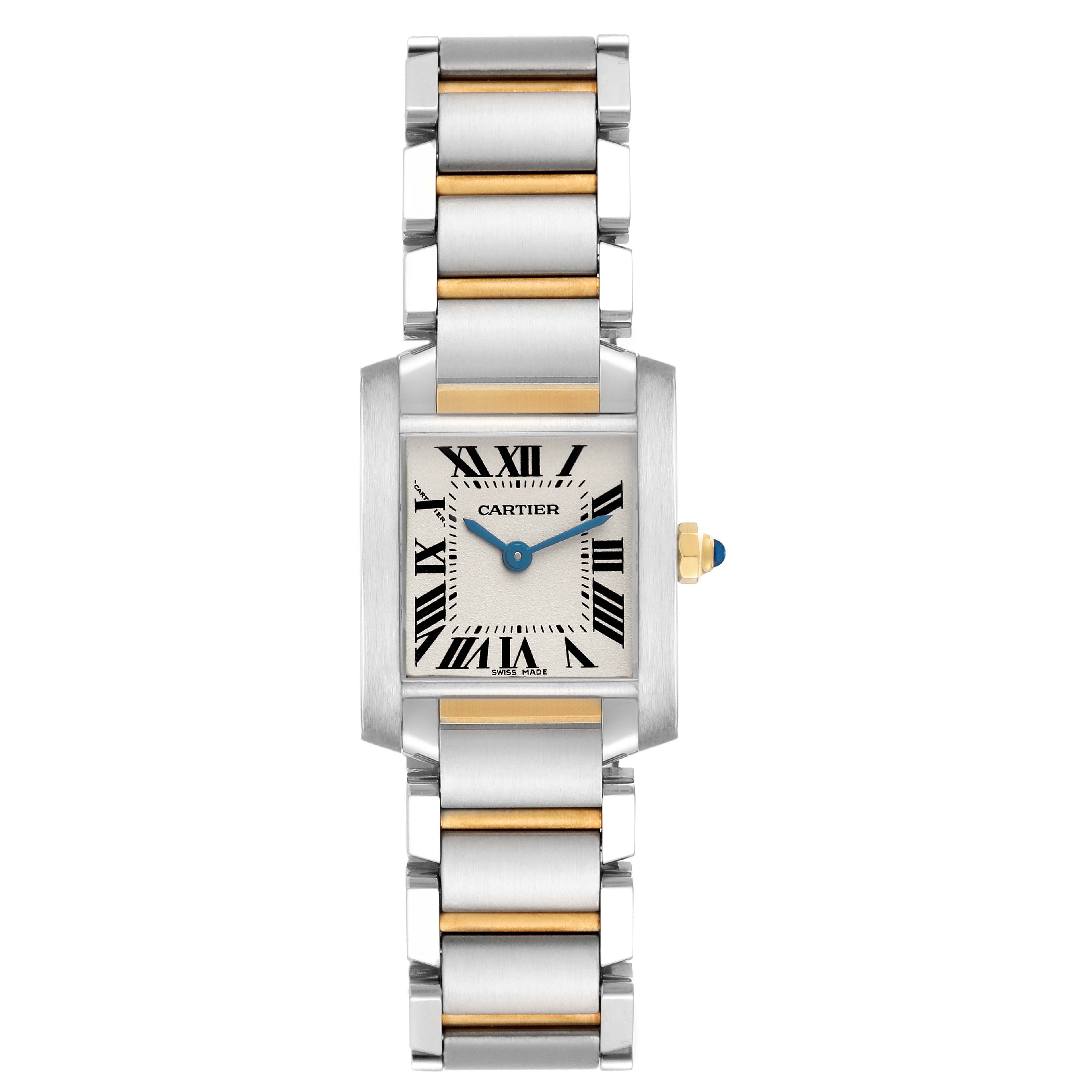 The Cartier Tank Francaise W51007Q4 Women's Steel and Gold (two tone) Silver Dial W51007Q4 Women's Steel and Gold (two tone) Silver Dial watch is shown from the front, highlighting its face, bracelet, and crown details.