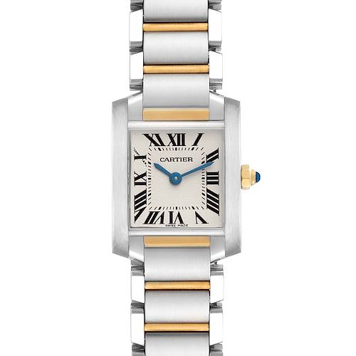 The Cartier Tank Francaise watch is shown from a front angle, displaying its rectangular face and metal bracelet.