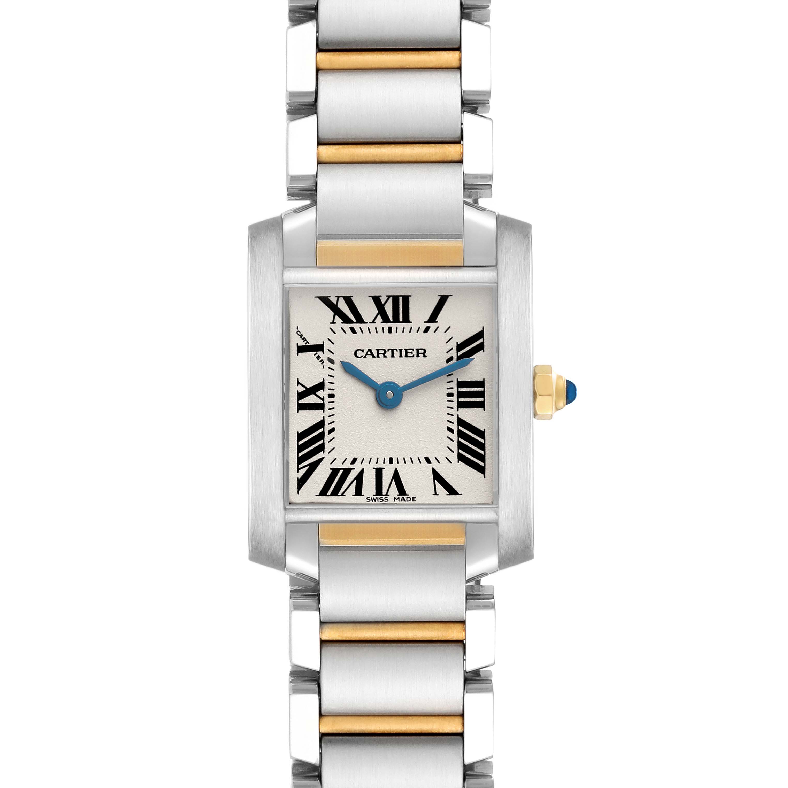 The Cartier Tank Française watch is shown from a front angle, highlighting the rectangular face, Roman numerals, and two-tone bracelet.