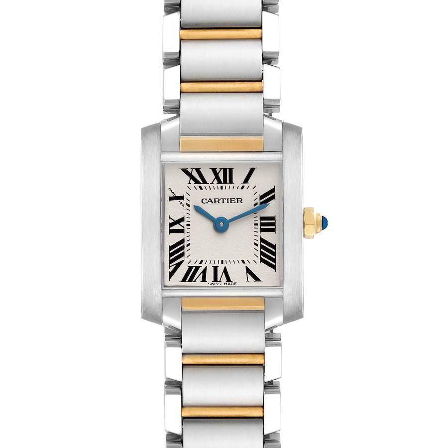 The Cartier Tank Française watch is shown from a front angle, highlighting the rectangular face, Roman numerals, and two-tone bracelet.