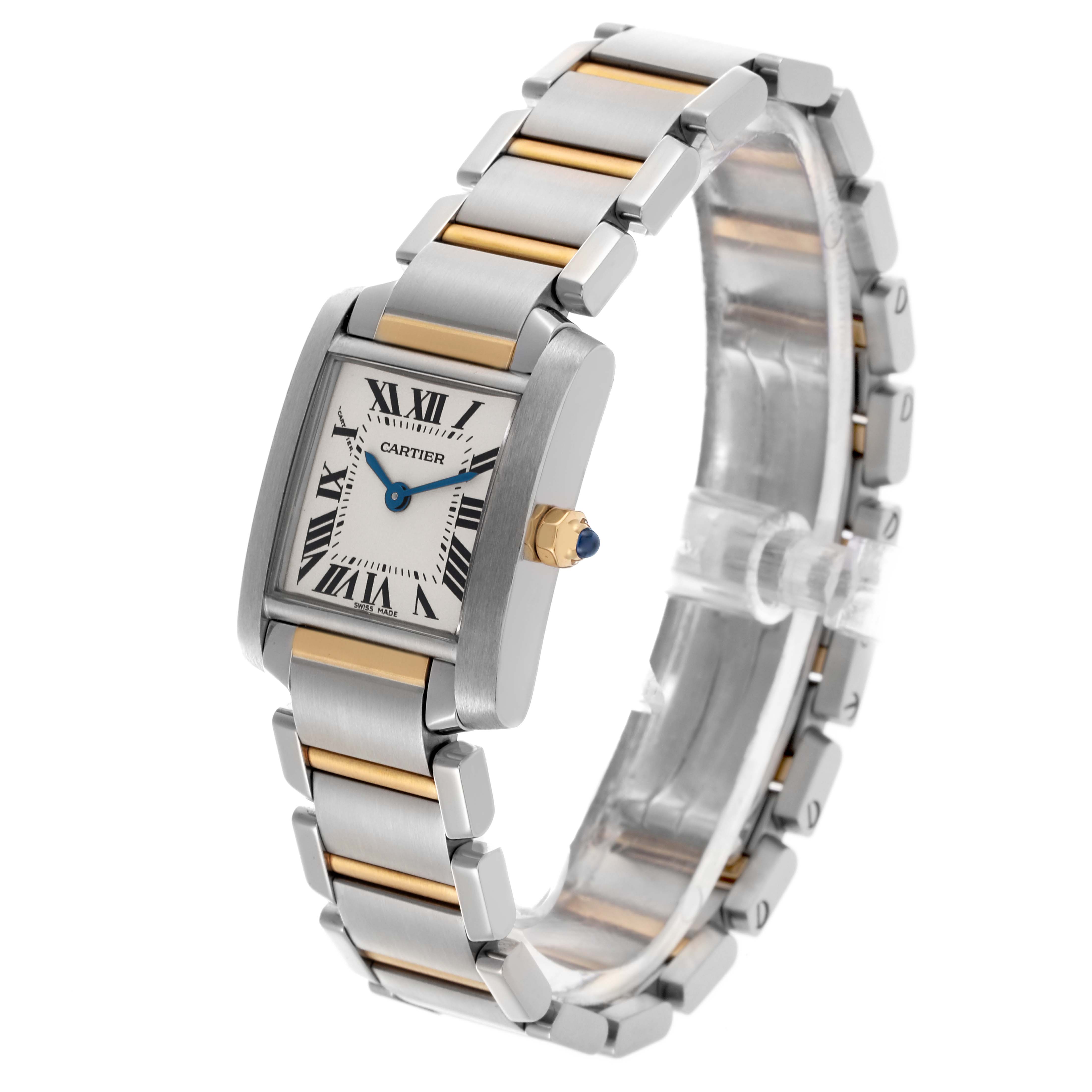 The Cartier Tank Française watch is shown at a three-quarter angle, highlighting its face, crown, and two-tone bracelet.